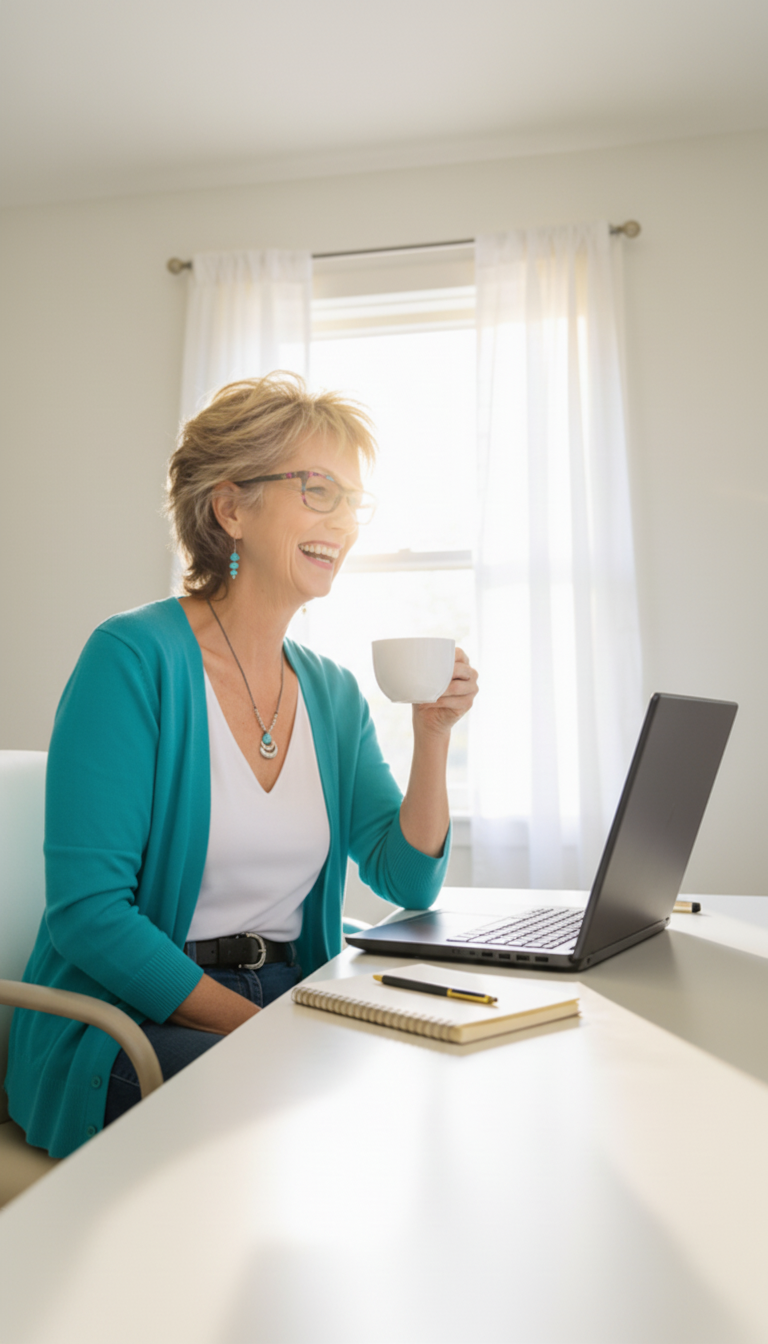 Smiling older woman wearing glasses and a teal cardigan sits at a bright white desk, holding a mug while looking at a laptop. A notebook and pen rest on the desk, and soft daylight streams through sheer curtains behind her.