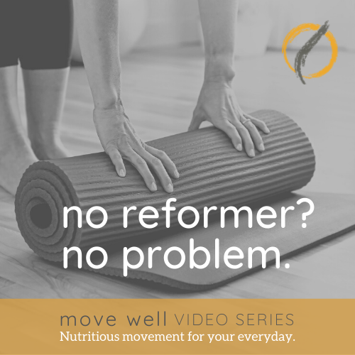 Person unrolling a yoga mat on the floor in a fitness studio with overlay text that reads 'no reformer? no problem.' and branding for a fitness video series.
