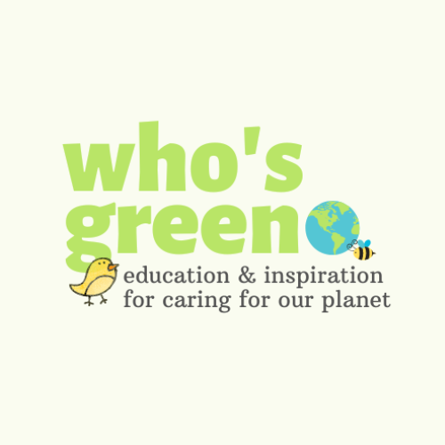 Logo with the text "who's green" in green font, an illustration of the Earth with a blue and green color scheme, a small yellow bird, and a bee. Beneath, it says "education & inspiration for caring for our planet."