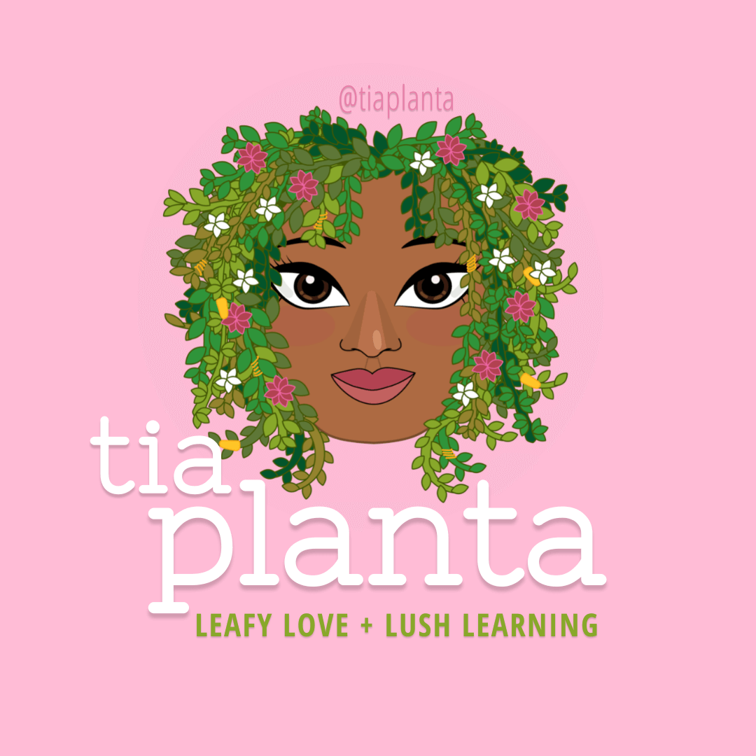Illustration of a woman's face with leafy hair decorated with pink and white flowers, set against a pink background. Text reads '@tiaplant' at the top, and 'tia planta' with the subtitle 'Leafy Love + Lush Learning' at the bottom.
