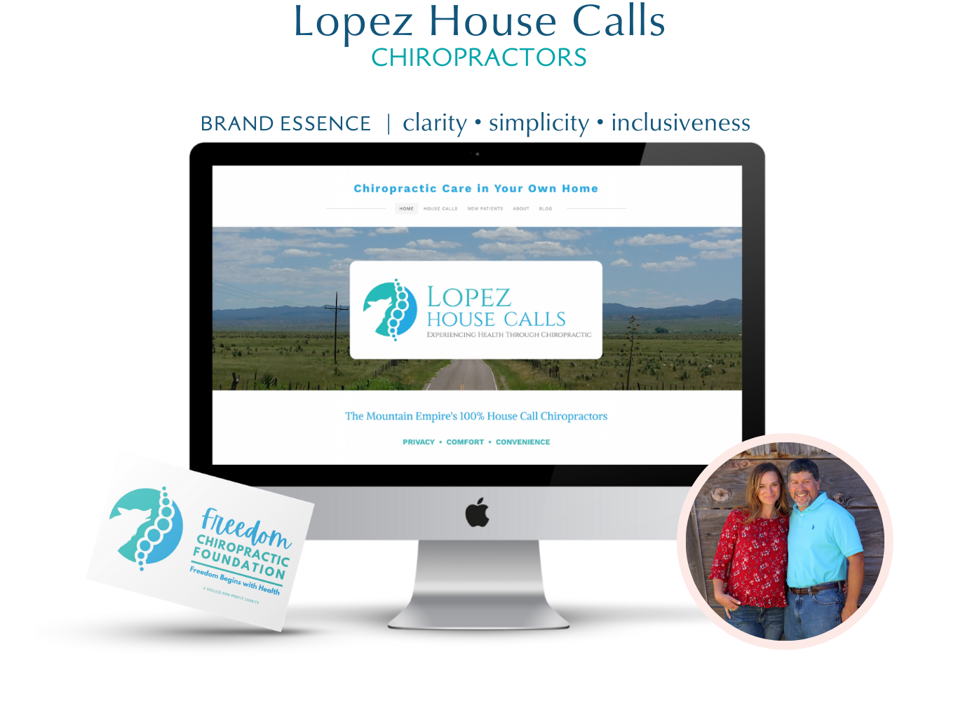 A computer screen displays the homepage of Lopez House Calls, a chiropractic service promoting health through chiropractic care from a home setting. Next to the computer, there are business cards for the Freedom Chiropractic Foundation, and a circular photo of a smiling woman in a red blouse and a smiling man in a light blue shirt, standing outdoors against a wooden background.