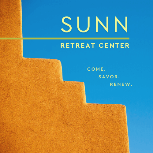 Sign for SUNN Retreat Center with a blue background and orange staircase design, featuring text 'Come. Savor. Renew.'