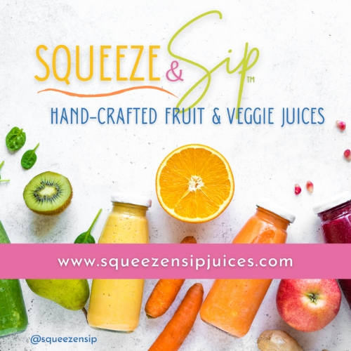 Squeeze & Sip brand logo with text about hand-crafted fruit and veggie juices, surrounded by bottles of juice, carrots, a halved orange, an apple, a kiwi, and scattered seeds and berries, with website URL www.squeezensipjuices.com.