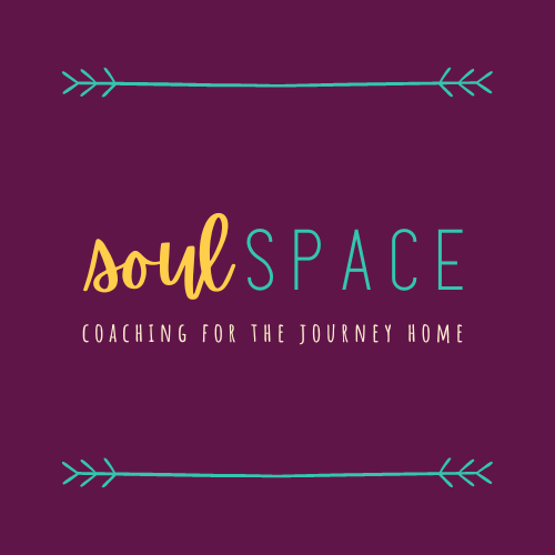 Logo for Soul Space, a coaching service with the tagline 'Coaching for the Journey Home,' featuring a purple background with teal arrow accents.