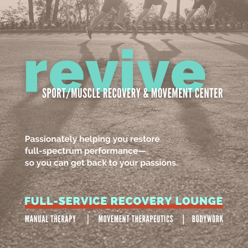 Poster for Revue Sport and Muscle Recovery & Movement Center, featuring athletes running, with text about full-spectrum performance recovery and services including manual therapy, movement therapeutics, and bodywork.