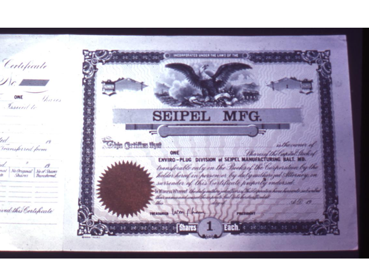 Seipel Manufacturing Stock Certificate