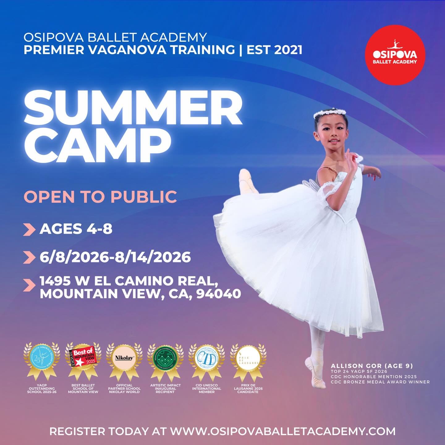 ☀️Osipova Ballet Academy Summer Camp 2026☀️🩷Celebrating Five Years of Excellence in Premier Vaganova Training🩷

This summer, let your child discover the magical world of ballet at OBA&rsquo;s Summer Camp, the perfect gateway for young dancers (ages