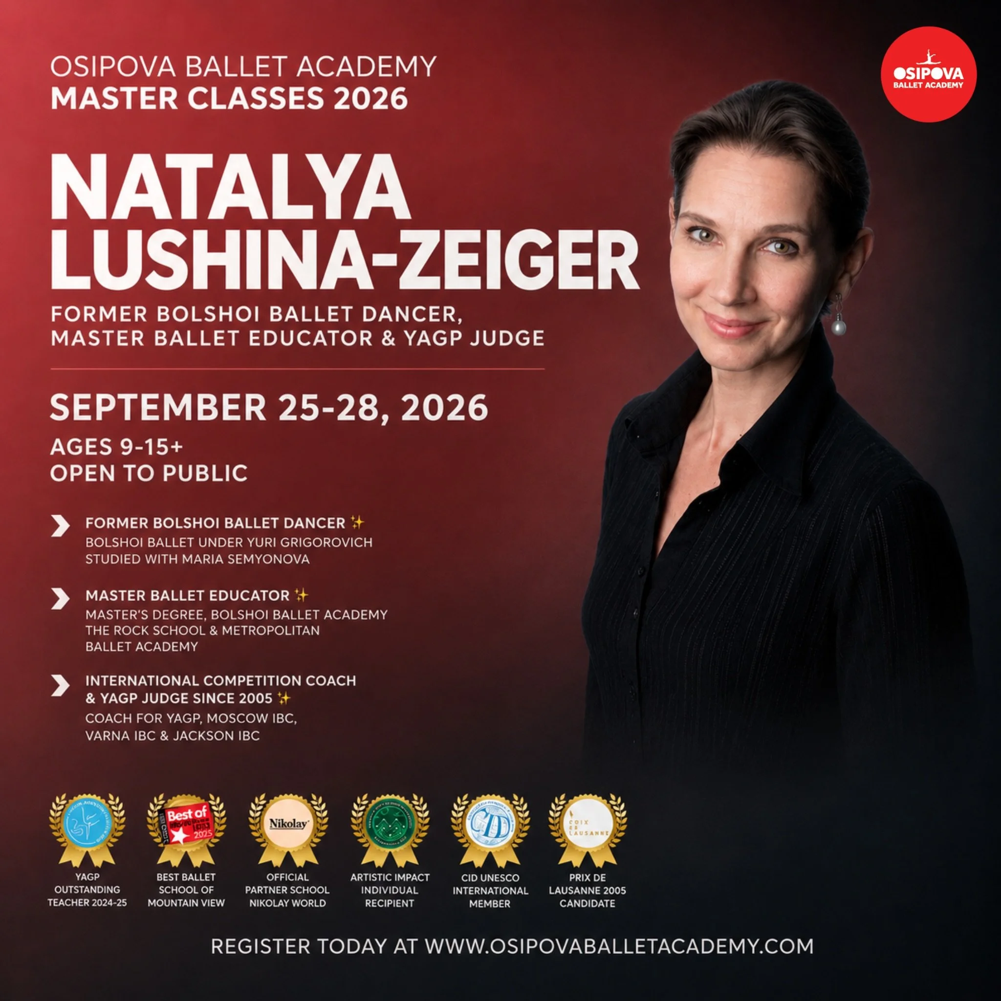 Train with a Legend: NATALYA LUSHINA-ZEIGER ✨

❤️ Osipova Ballet Academy is honored and incredibly happy to welcome Natalya Lushina-Zeiger, former Bolshoi Ballet dancer, internationally renowned ballet educator, competition coach, and YAGP judge, for