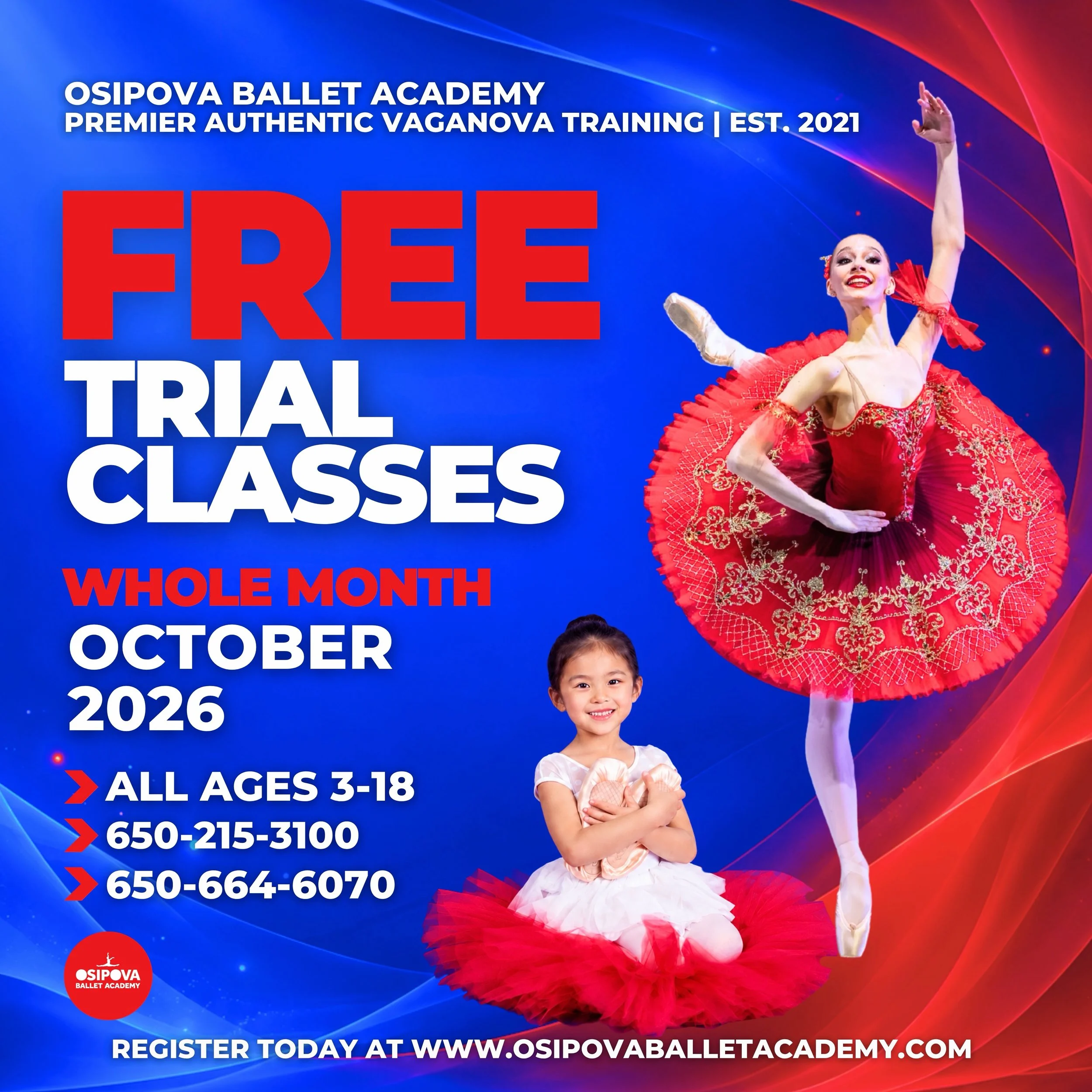 Osipova Ballet Academy is proud to offer &laquo;Free Trial Classes&raquo; throughout the entire month of October across All Ages &amp; Divisions! 🤍

Whether your child is taking their very first ballet steps or seeking a more advanced level of train