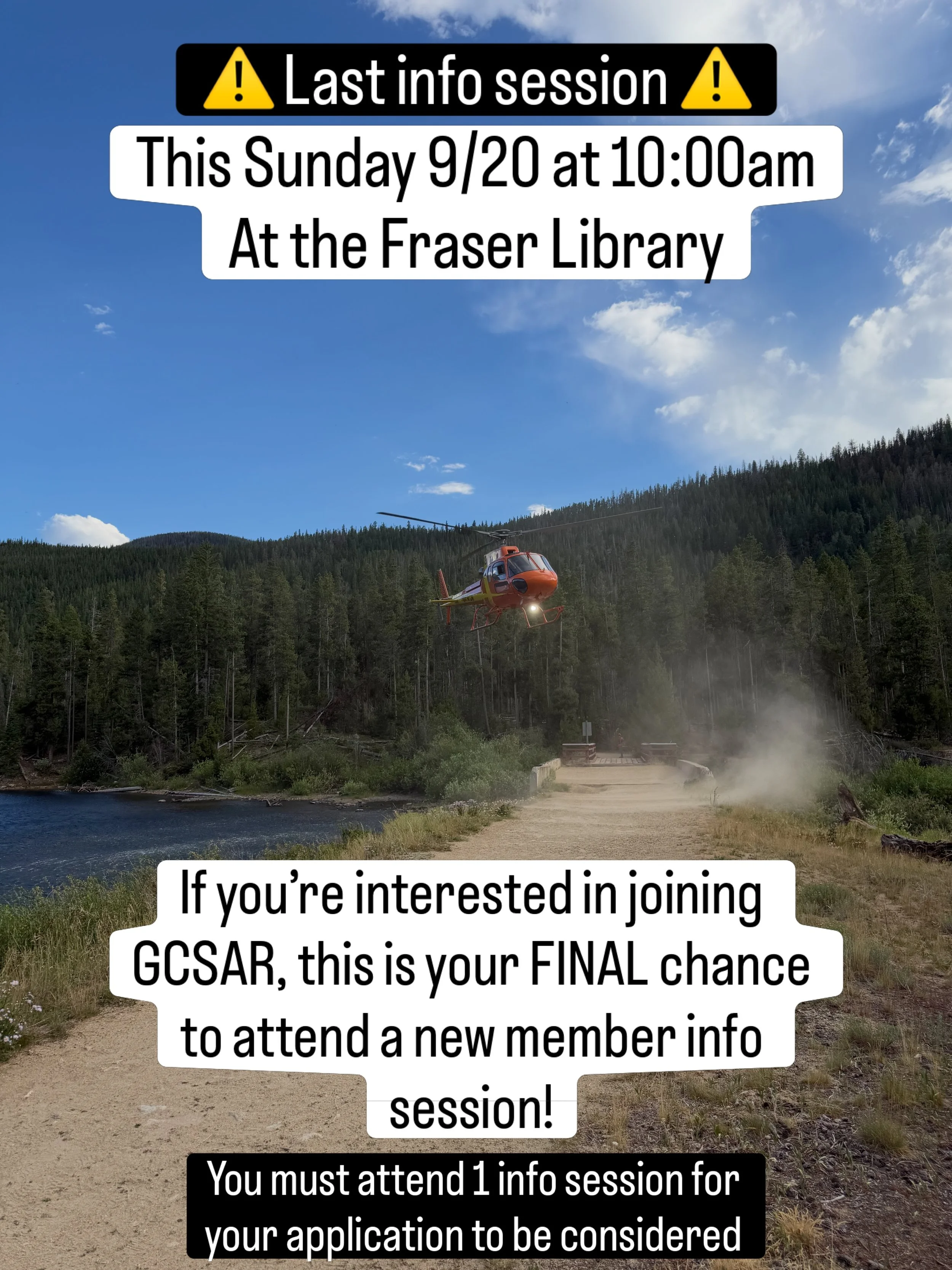 Interested in joining Grand County Search and Rescue? We&rsquo;re hosting our FINAL new member info session this Sunday, September 20 at the Fraser Library! You must attend 1 info session for your application to be considered. Visit our website to fi