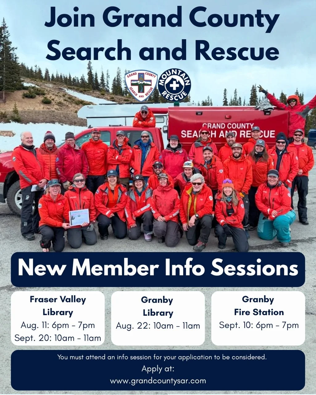 🚨EXCITING NEWS 🚨
Grand County Search and Rescue is recruiting new volunteers!
If you have a passion for the outdoors, a willingness to learn, and love the Grand County community, we'd love to meet you.
Attend one of our upcoming information session