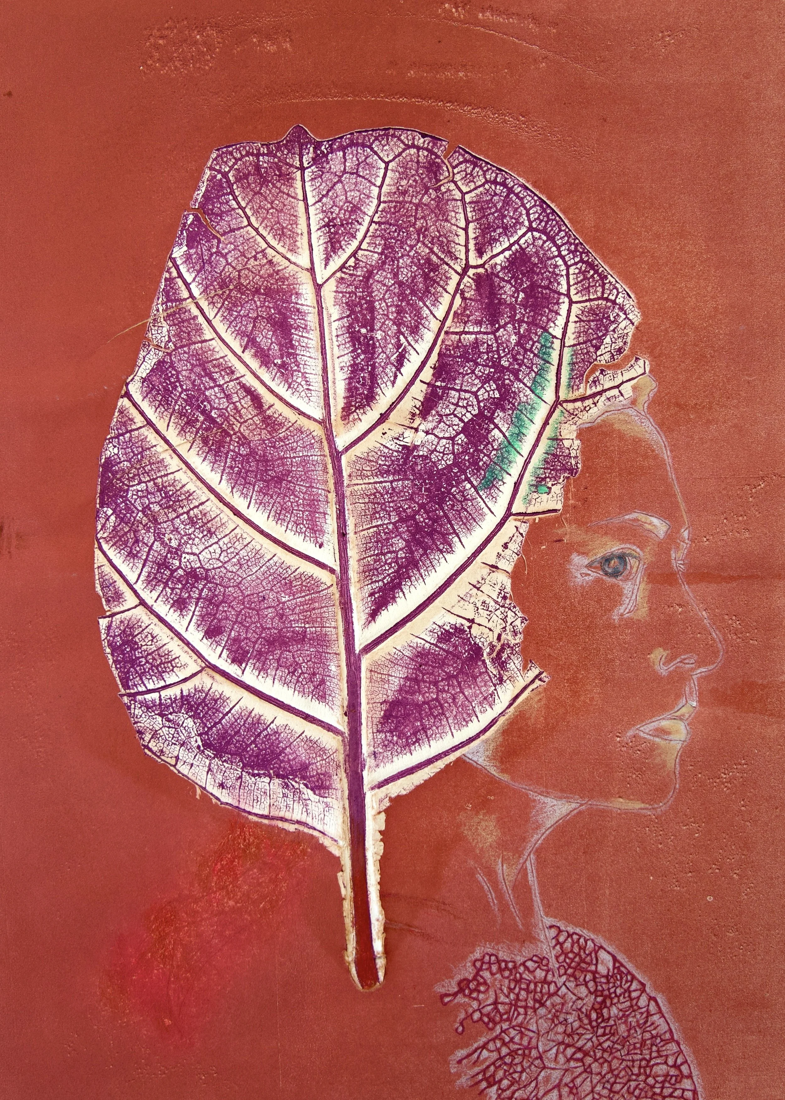 Astrid Friedlander, Veins of Thought, Leaf monoprint and drawing, 17.5 × 13.5" NFS
