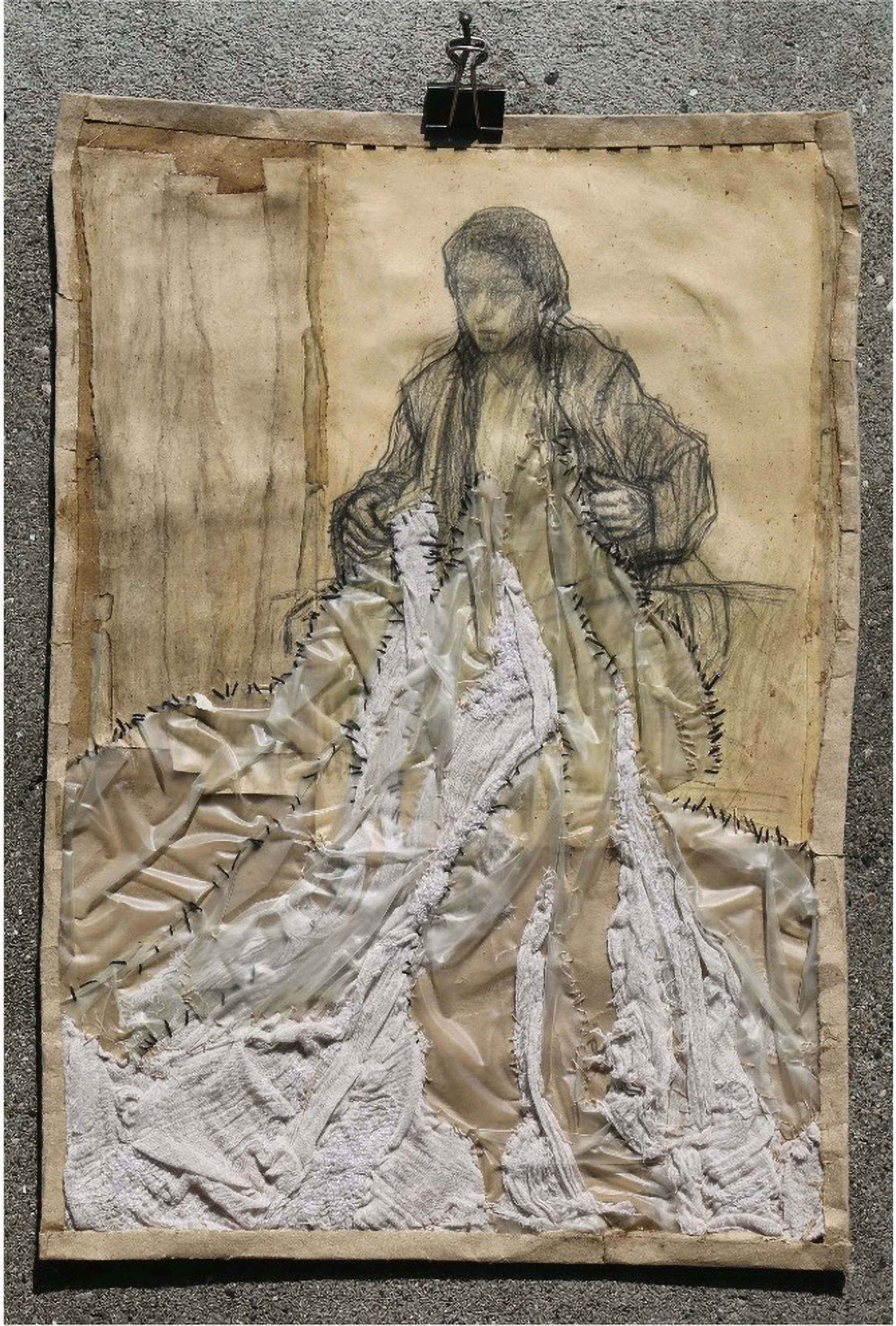 Mahbube Parnian, Mercy, Mixed-media, drawing on paper+stitching, 12 x 6,  $600

