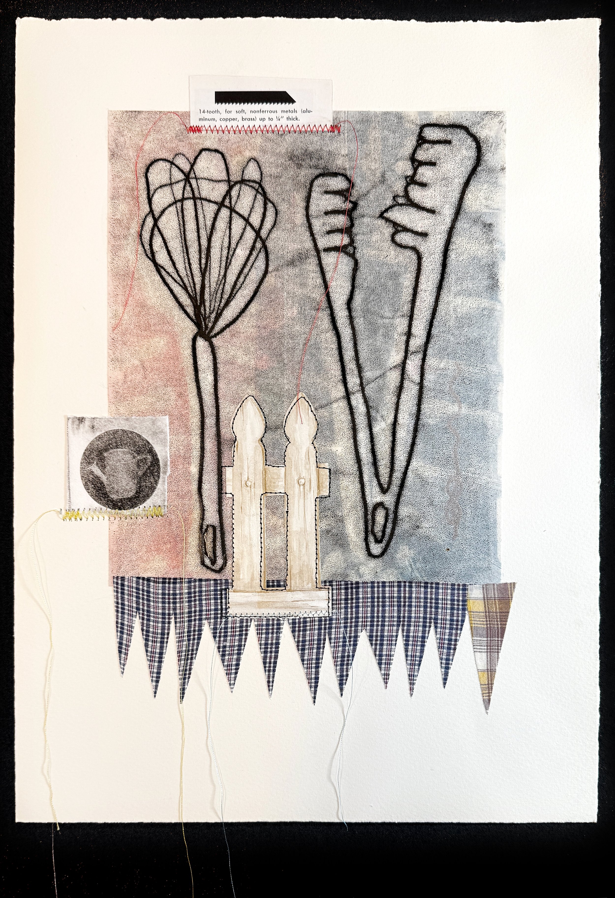 Alexa Wheeler, use+tend+still 6, Monoprint, engraving, sewing, embroidery, papier collé, and cotton rag paper, 16 x 20, $825 