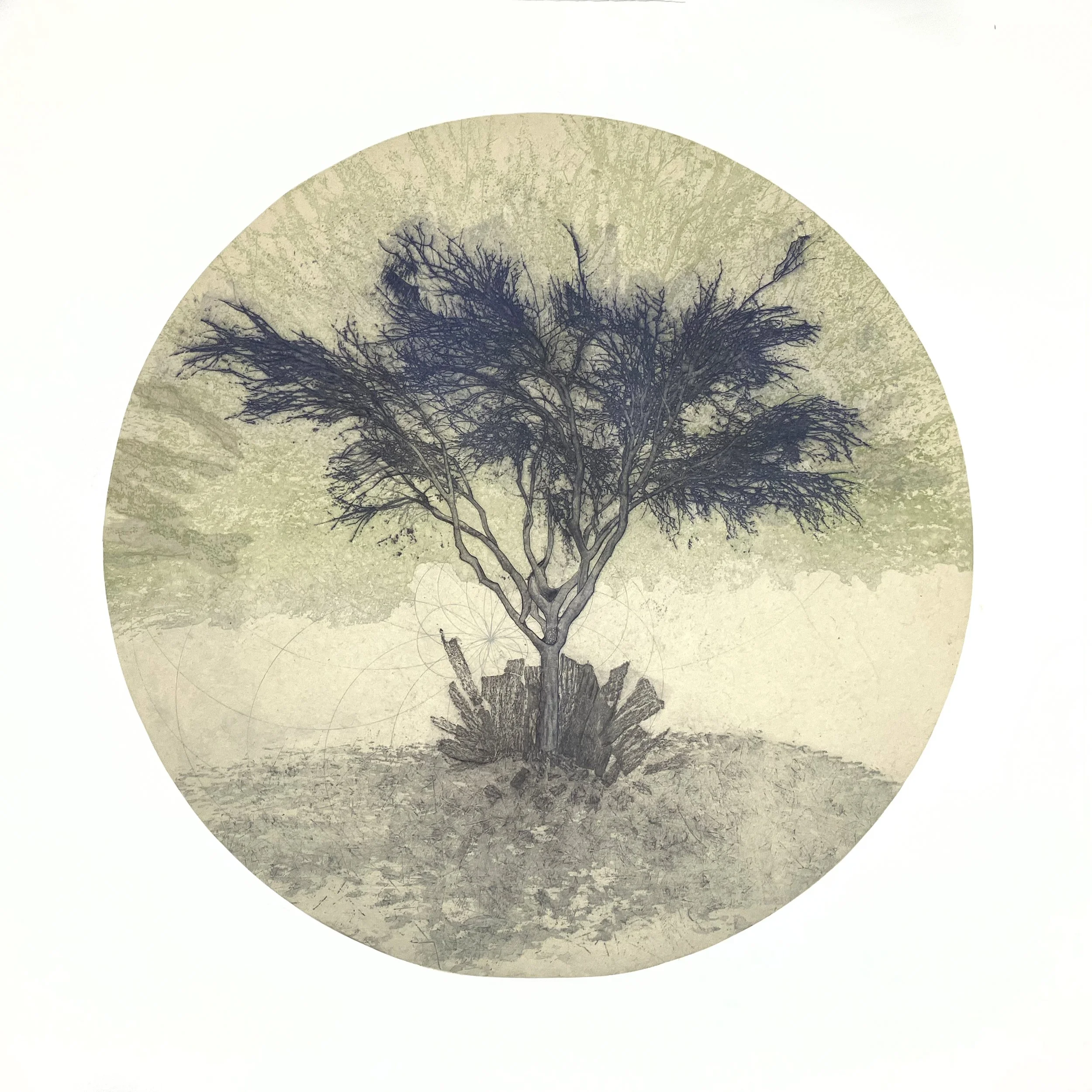 Mary Hood, (Re)Learning Stability, Intaglio with chiné collé, 31 × 31 × 2" $1,800
