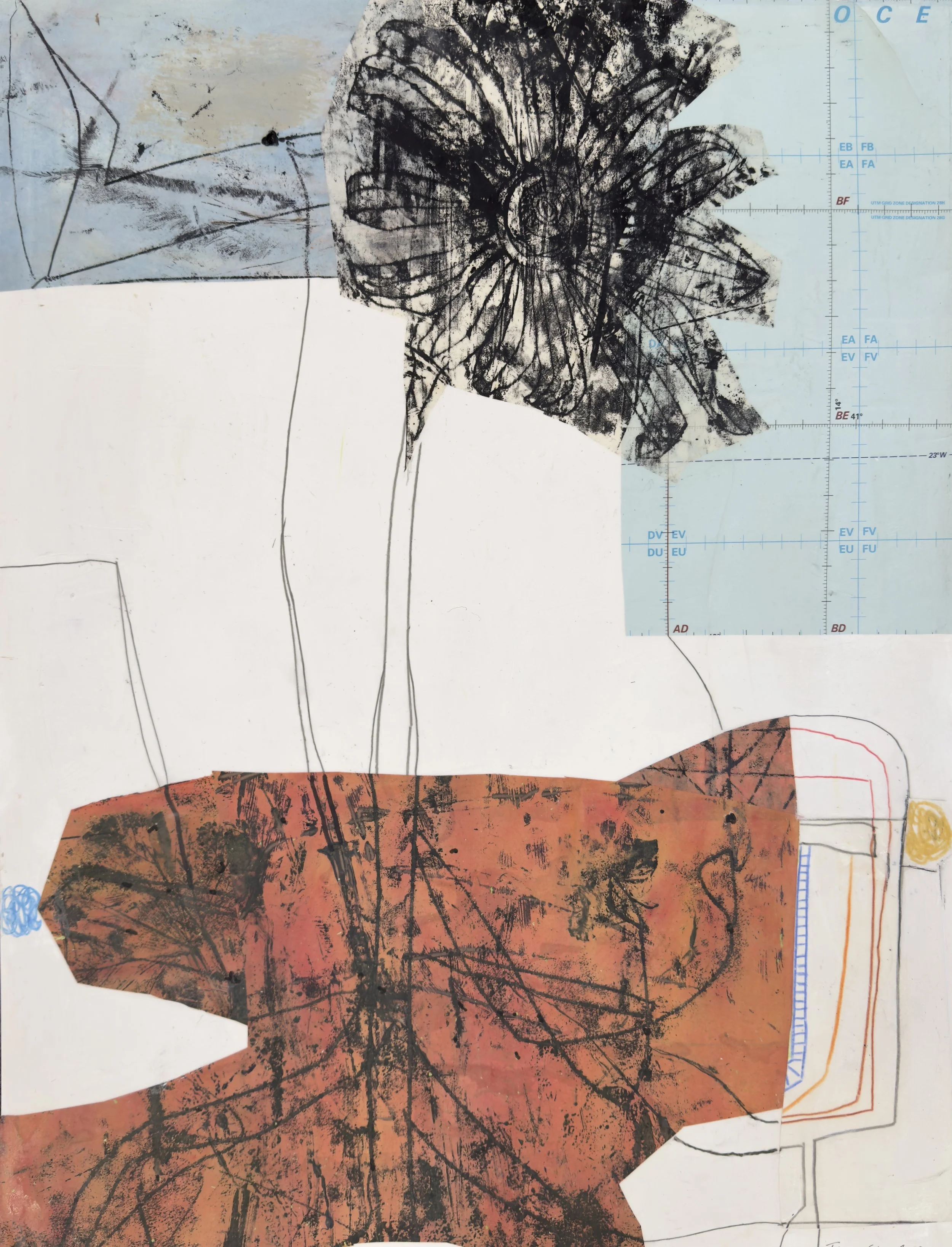 Teresa Stanley, Flower Growing from Jagged Rock, graphite, colored pencil, hand drawn/painted monotype, collage, gel medium on yupo paper,  20 x 26, $750

