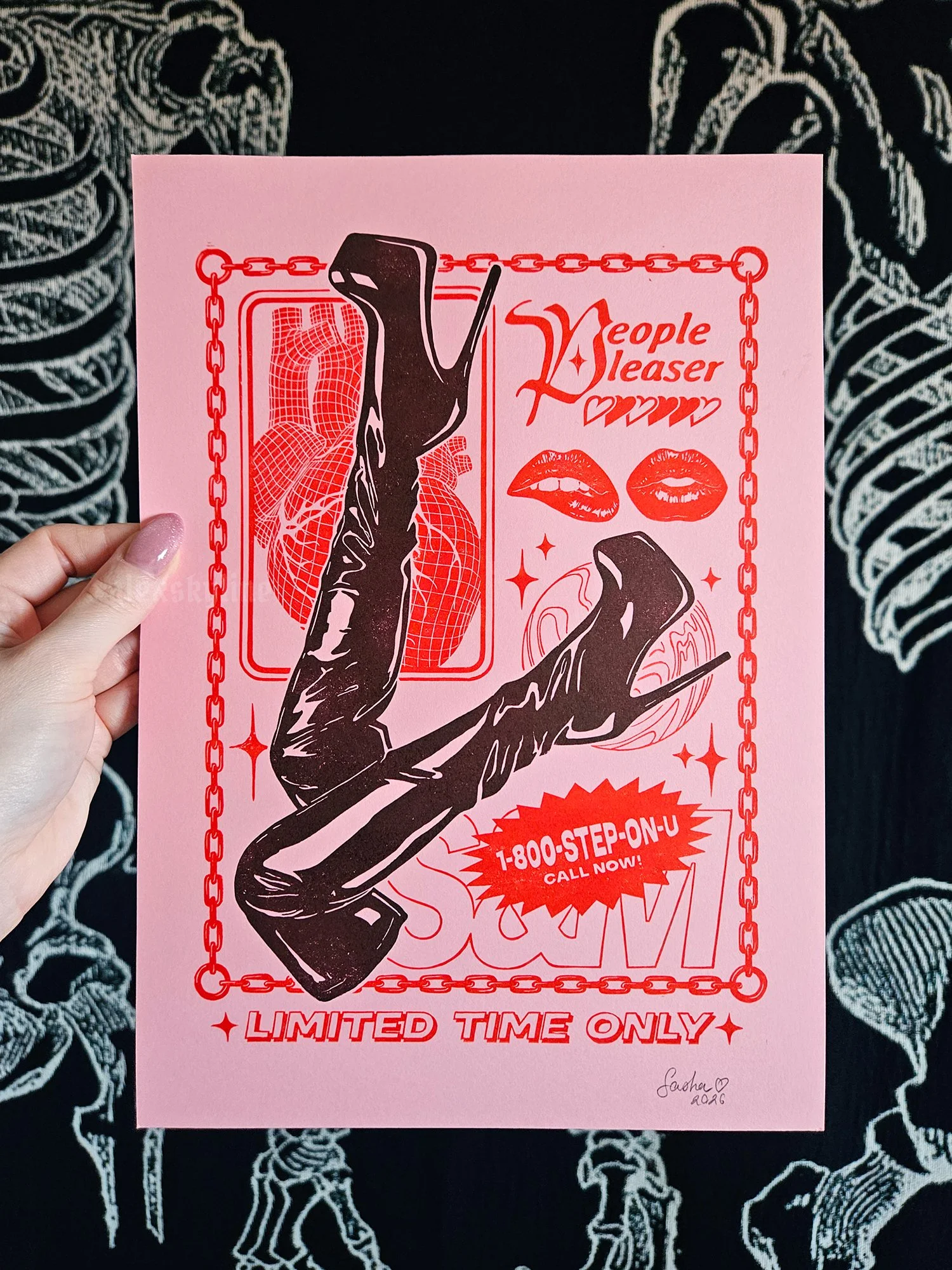 Sasha Vinogradova, People Pleaser, Linocut on paper 21 × 30 cm, €35
