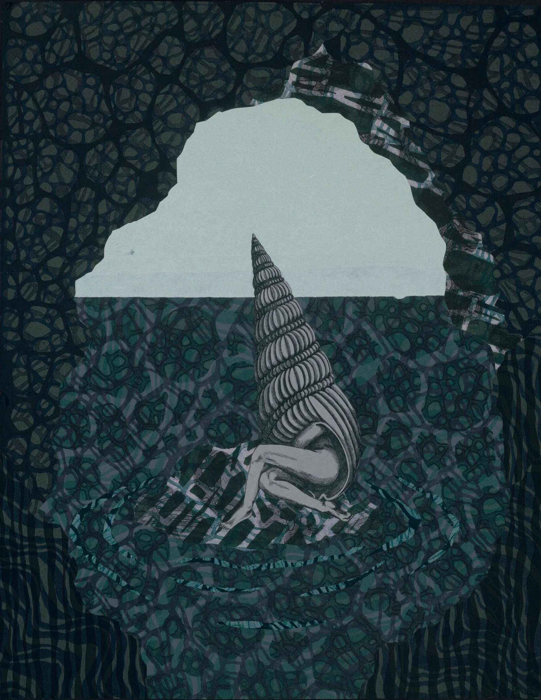 Nichol Markowitz, Dweller II, Hard- and soft-ground etching and monoprint collage on dyed kozo paper, backed with Sekishu paper, 24.5 × 19" $585