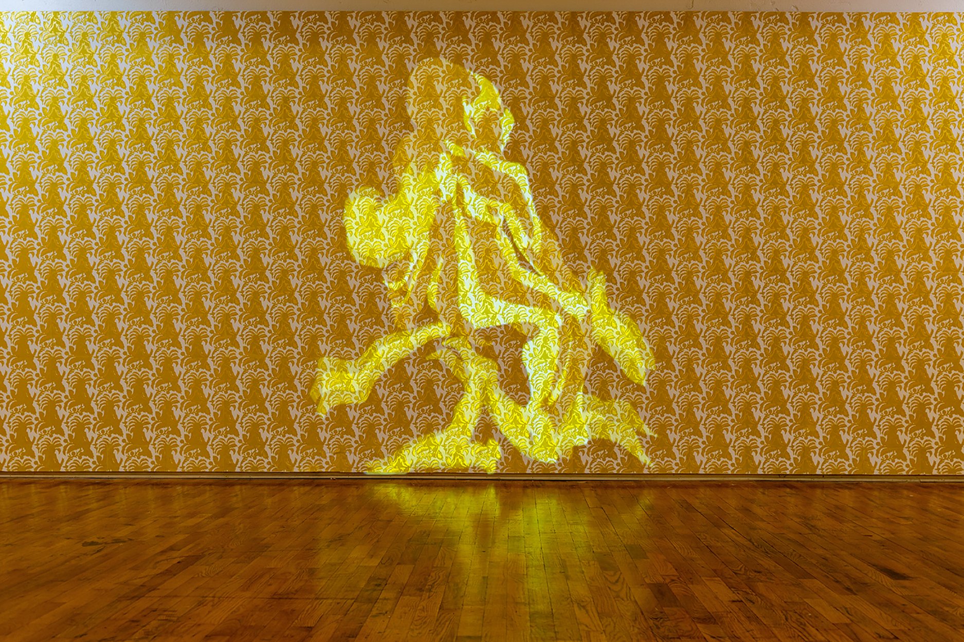 Hannah Jordan, In Yellow, Screen-printed Photo Tex with projected stop-motion animation, 8 × 20 ft., NFS