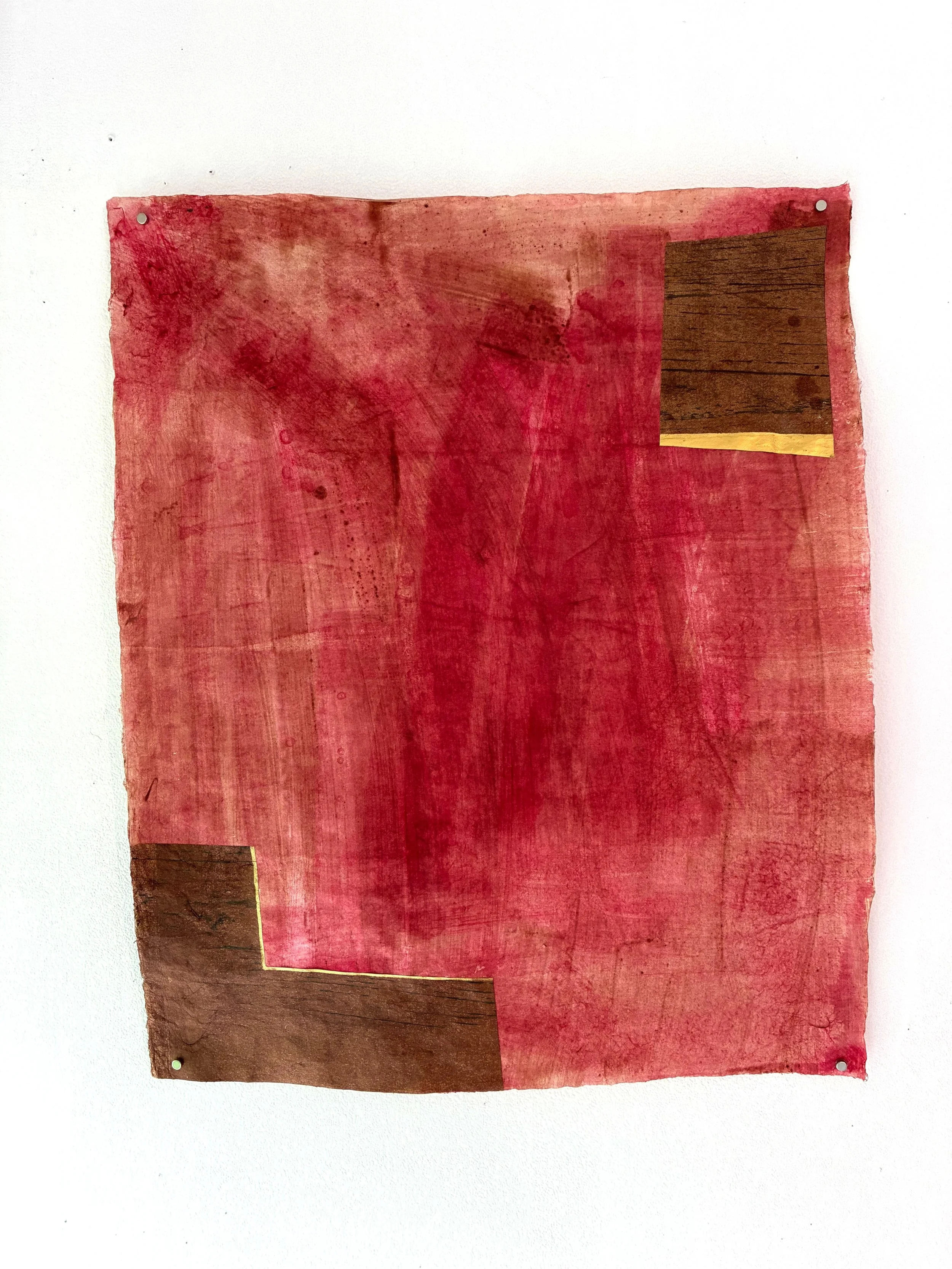 Mia O, Falling Leaves 1, Natural paint and collage on Kampi paper, 20 × 16.5 inches, $800
