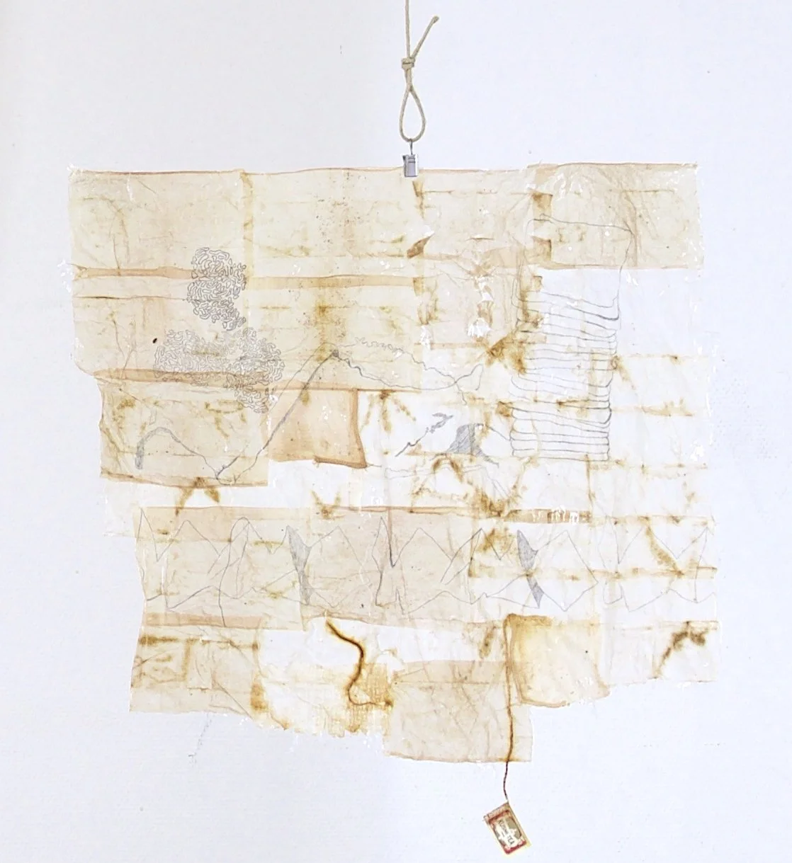 Hanna Romin, Time body (September 2022 - July 2023) Drawing with graphite on handmade paper from teabags, 55 x 60 cm, $650
