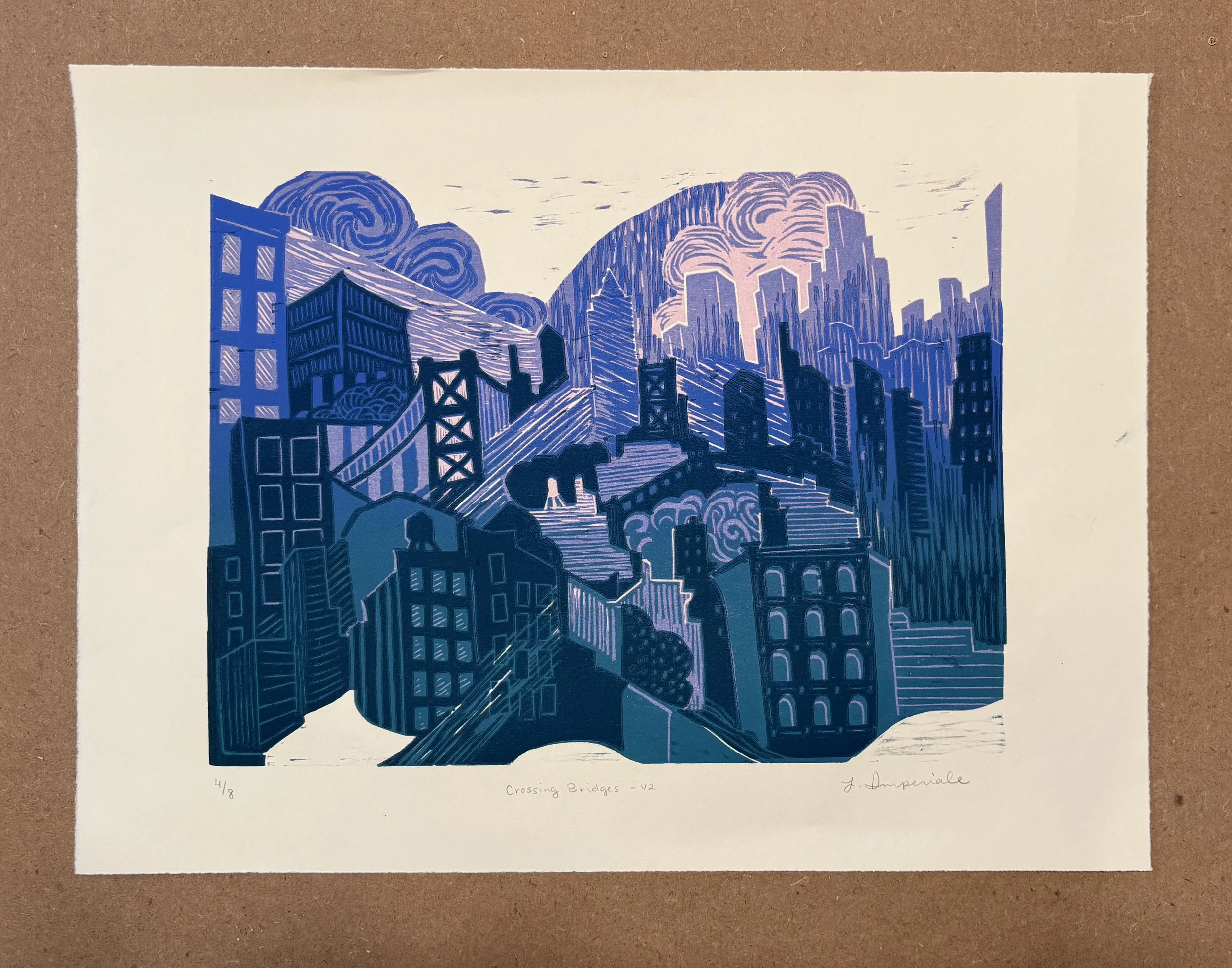 Lisa Imperiale,  Crossing Bridges, Woodblock print, 11 × 15" paper; 18 × 24" framed, $250