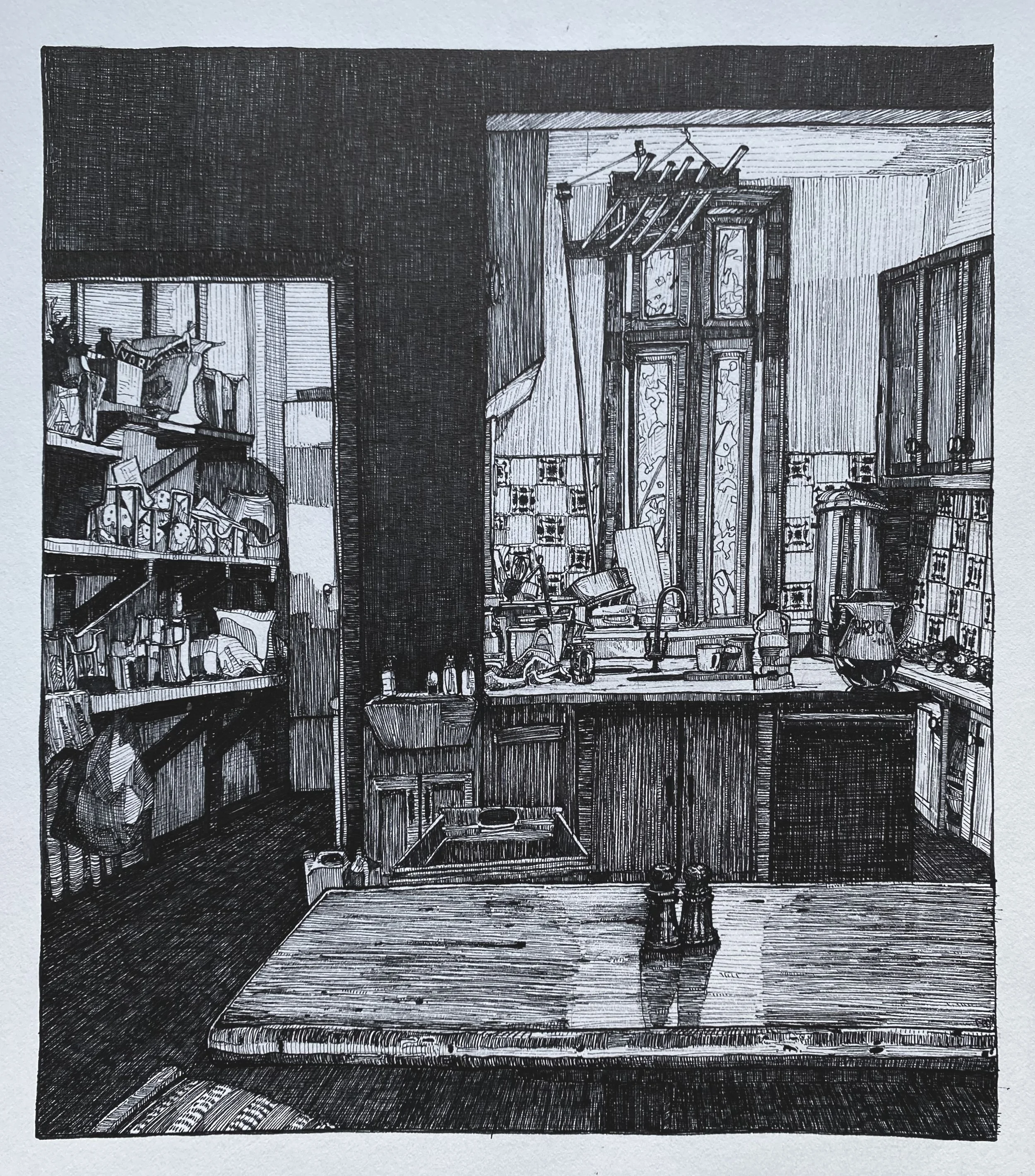 Emily Verdoorn, L'Abri Kitchen, Pen on Paper 14 x 16, $800
