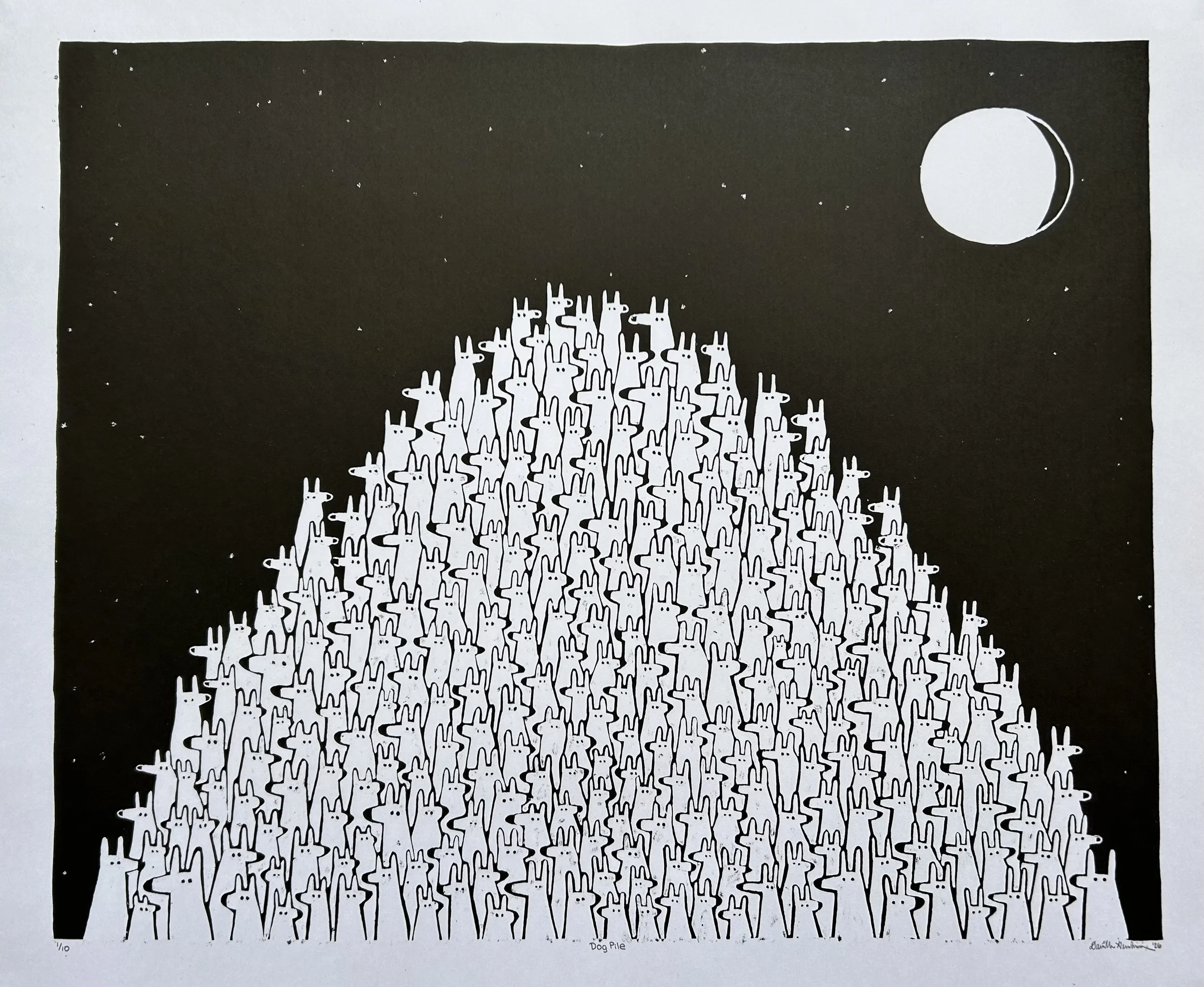 Danielle Henneborn, Dog Pile, Stone lithograph, 17” × 20.5”
