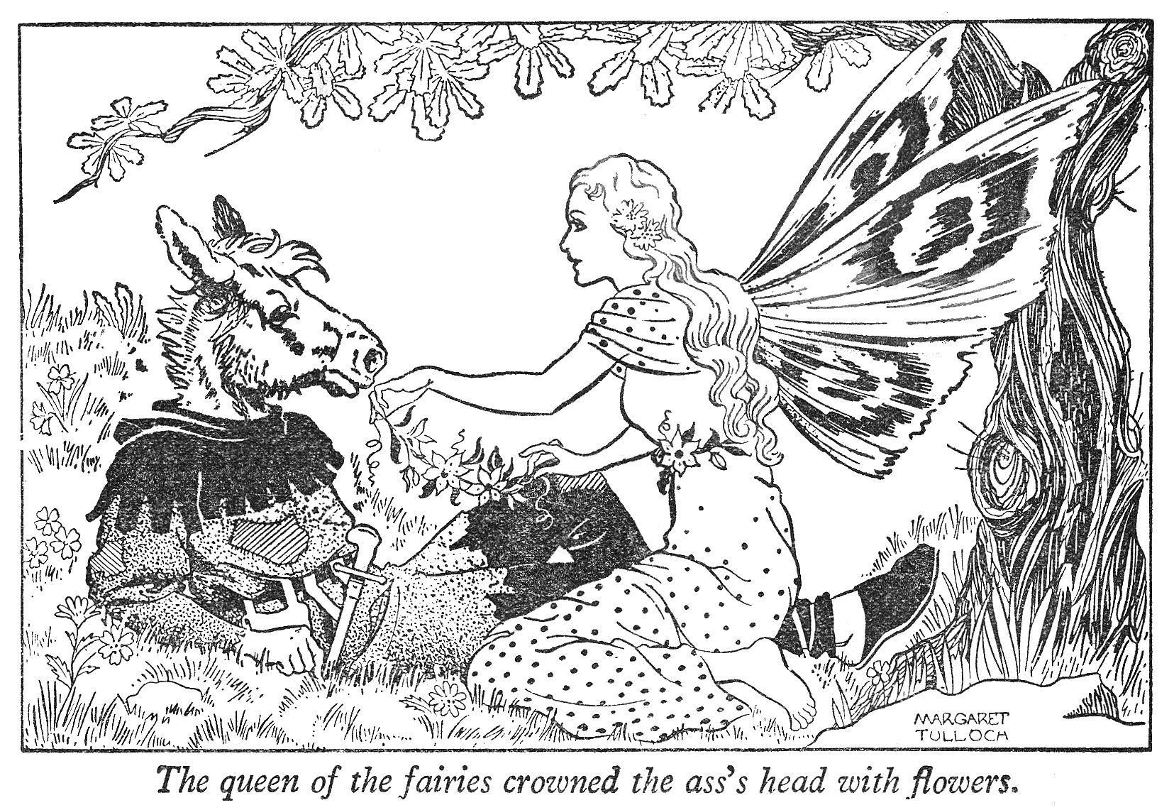 A fairy with butterfly wings, long flowy hair, and a flowered skirt is kneeling and offering flowers to a donkey's head, which is wearing a cloak. The scene is outdoors with grass, flowers, and lush foliage. Text at the bottom reads: "The queen of the fairies crowned the ass's head with flowers."