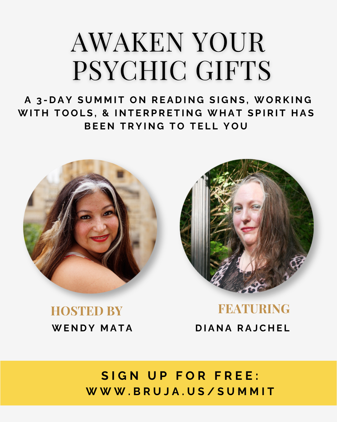 Awaken Your Psychic Gifts promo with images of Diana Rajchel and Wendy Mata