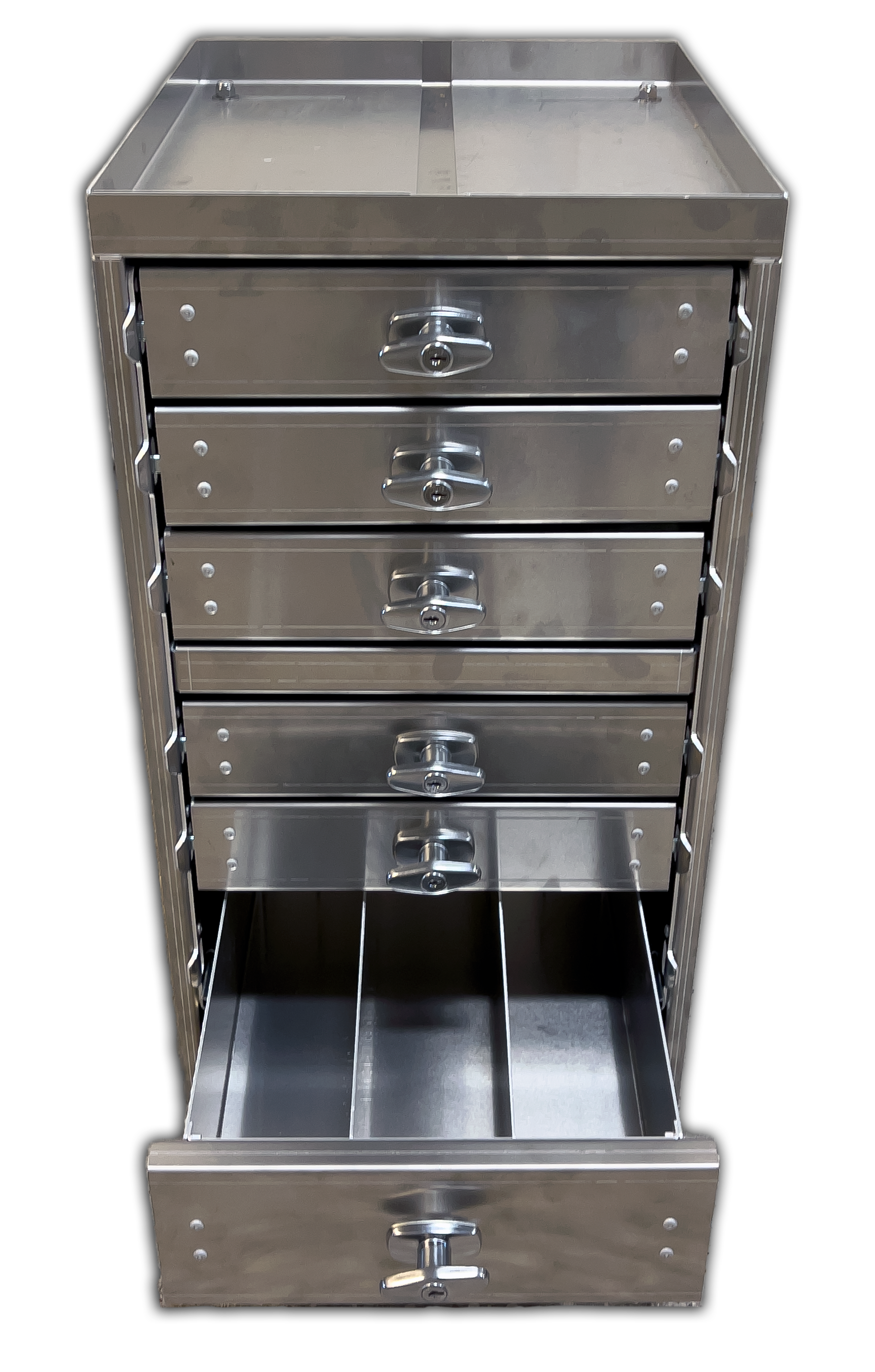 Metal storage cabinet with multiple drawers; one drawer is open showing dividers inside.