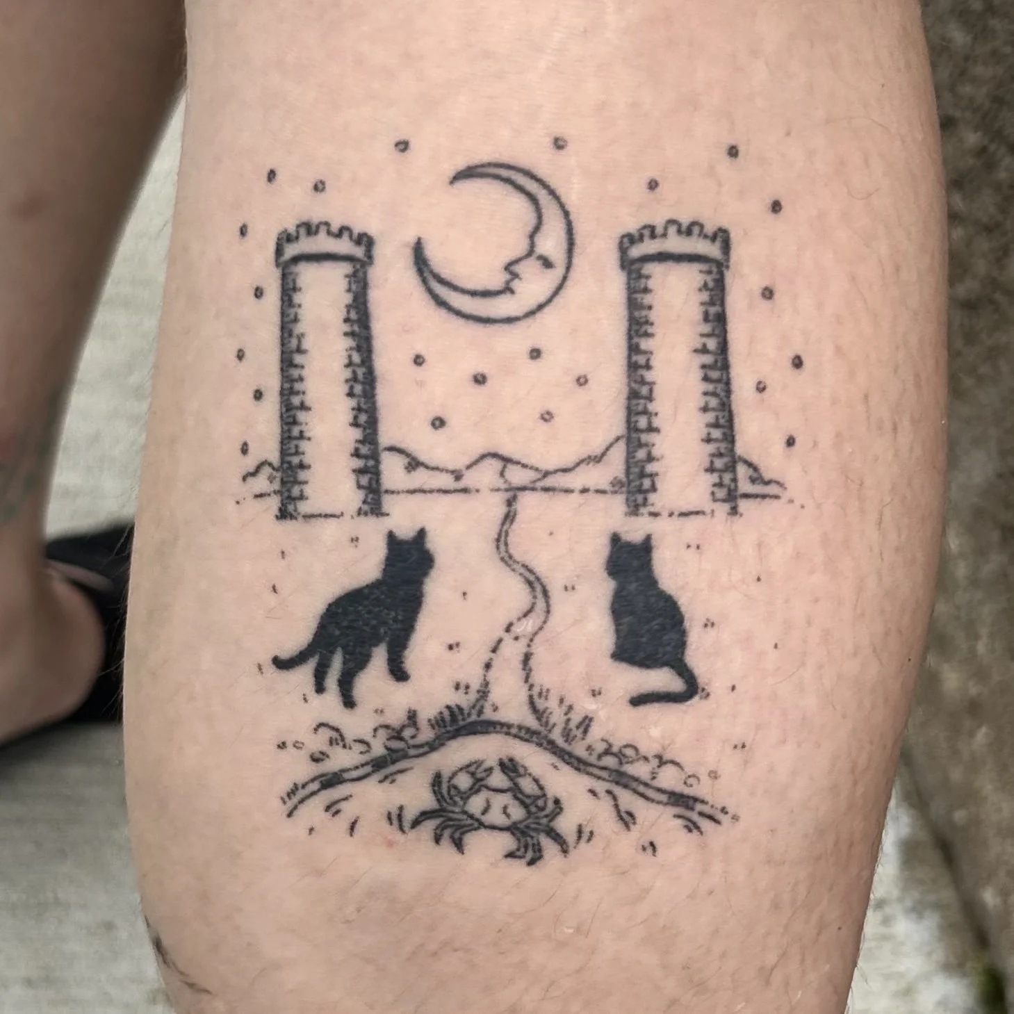 A tattoo of a moon and starry sky with two towers, two black cats sitting on the ground, a winding path, and crab in the water