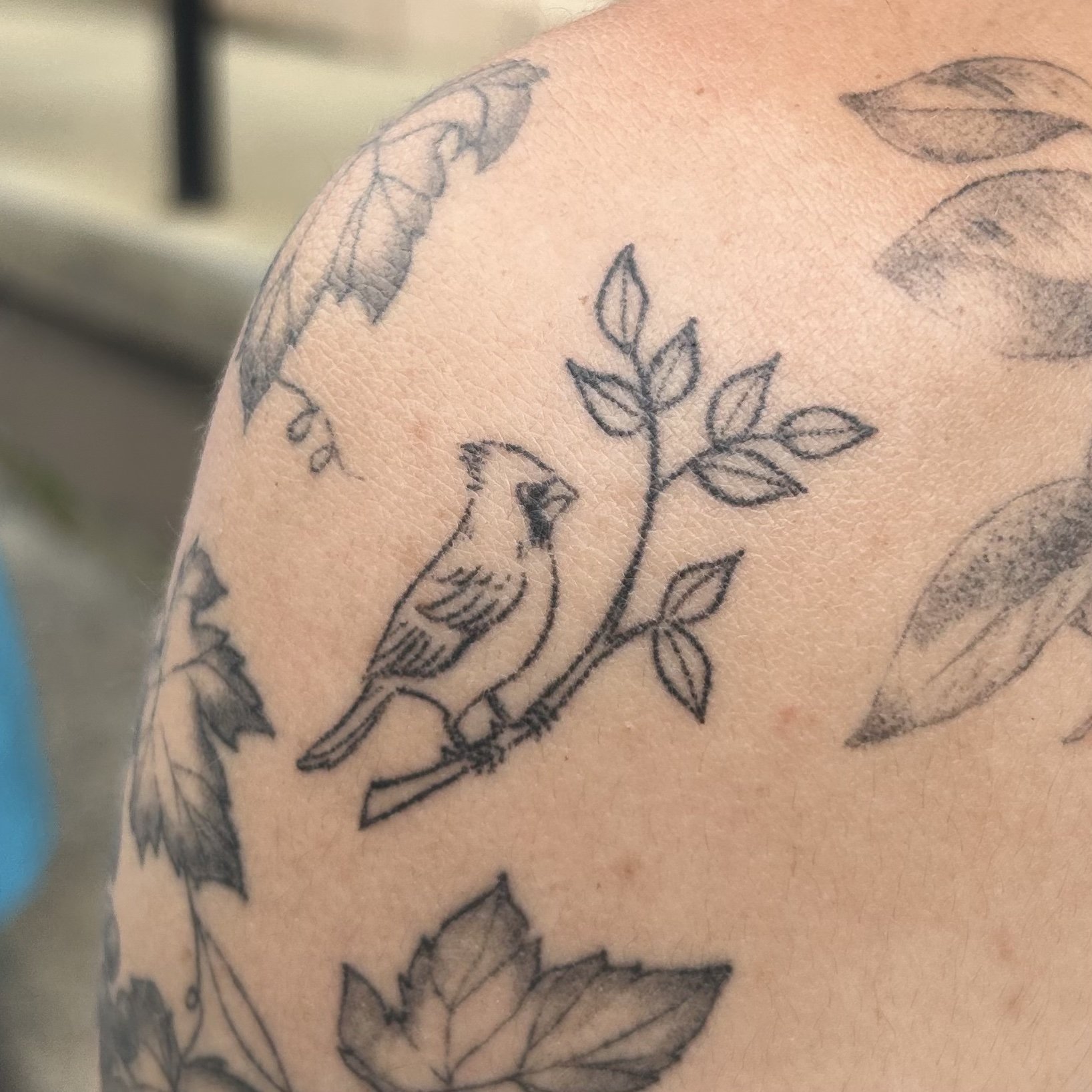 Tattoo of a bird sitting on a branch with leaves