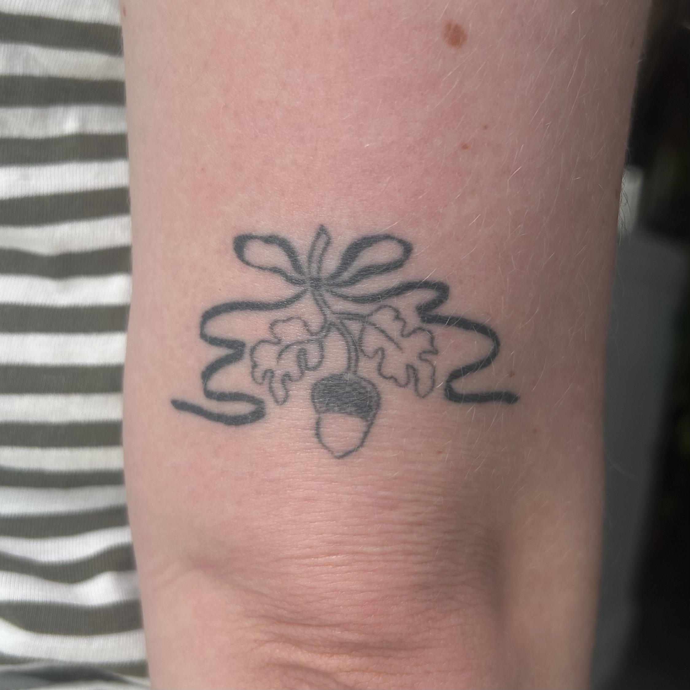 A tattoo of an acorn with oak leaves and a ribbon above on the arm