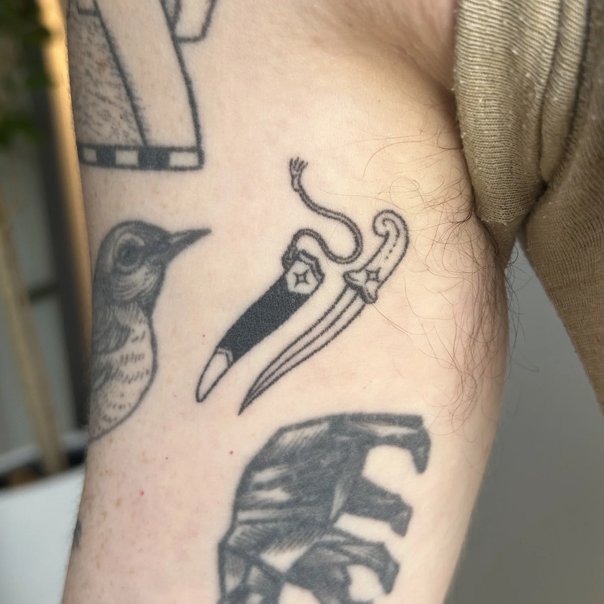 Tattoo of a curved dagger and decorative sheath on the arm