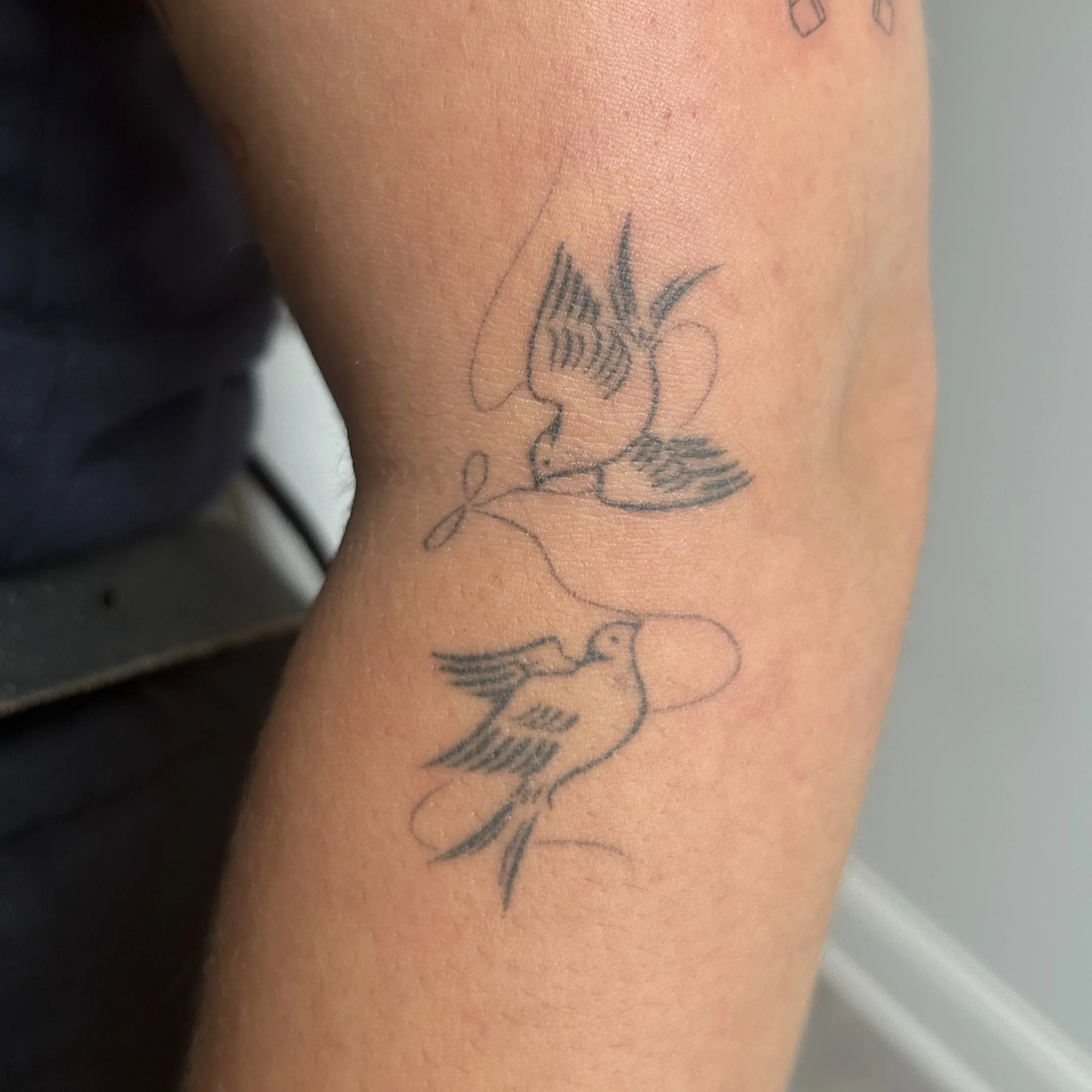 Tattoo of two birds holding a string in their beaks, facing each other.