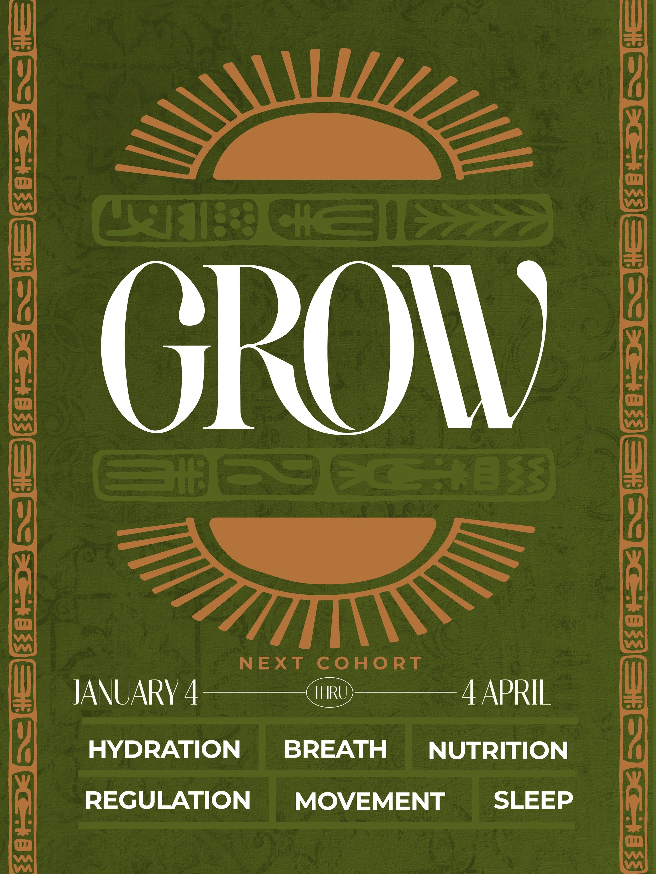 A vertical sign reading 'GROW' next to green plants with broad leaves in a black frame, and a round badge with gold and green text and design.