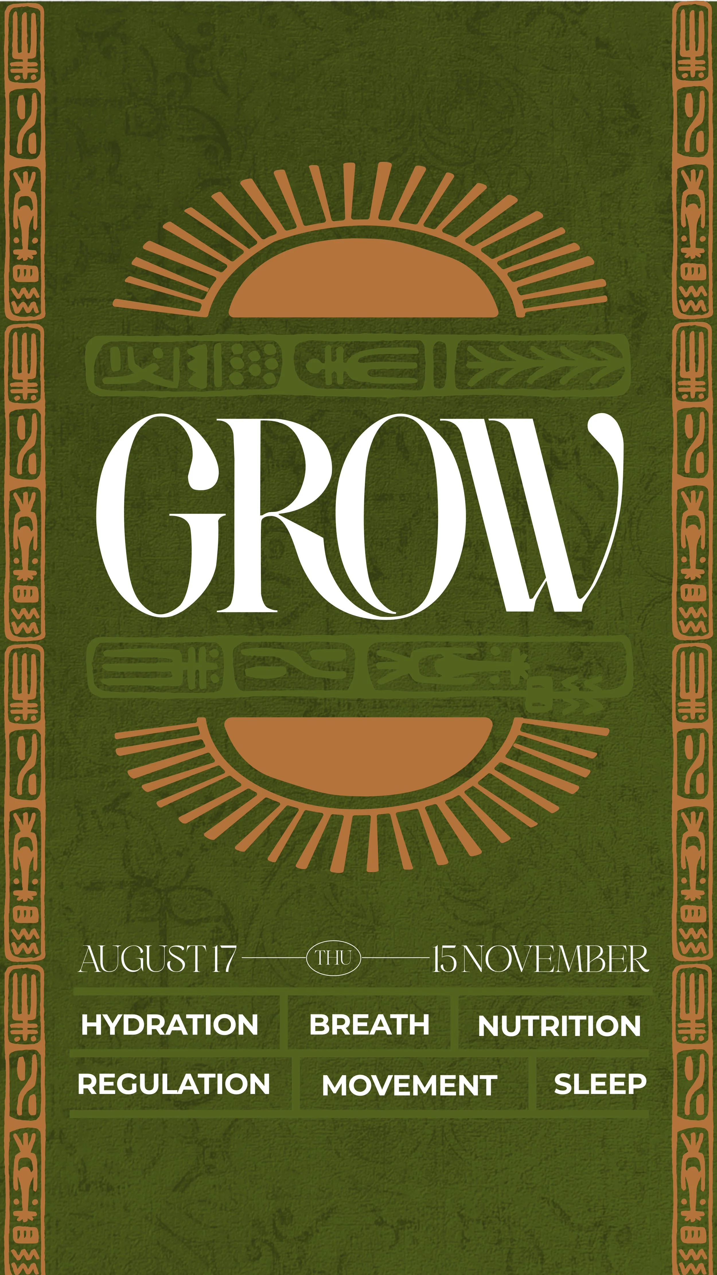 A vertical sign reading 'GROW' next to green plants with broad leaves in a black frame, and a round badge with gold and green text and design.
