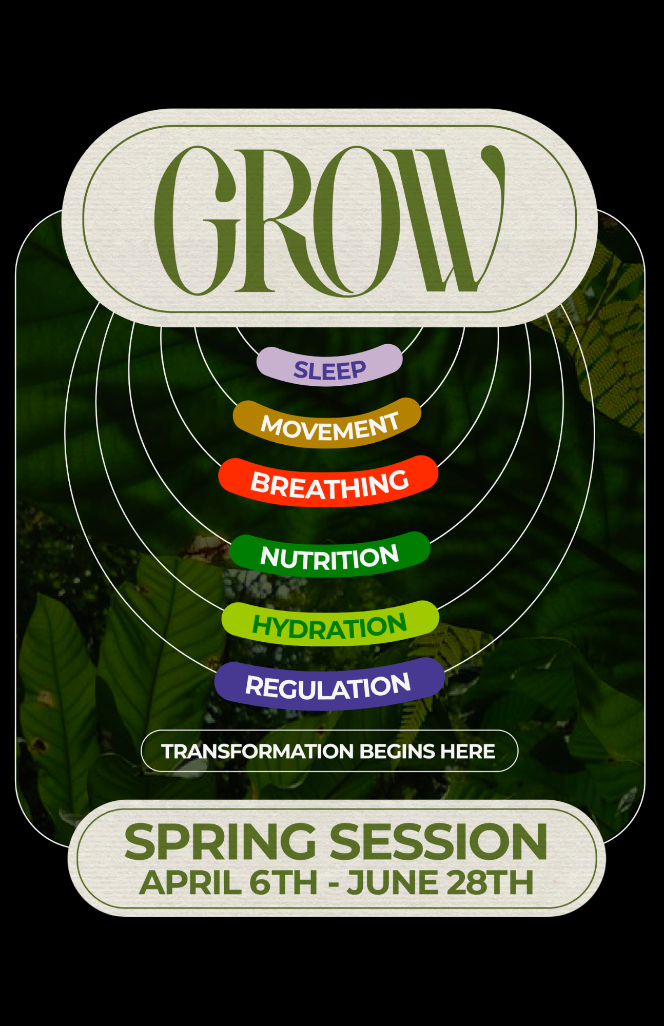 A vertical sign reading 'GROW' next to green plants with broad leaves in a black frame, and a round badge with gold and green text and design.