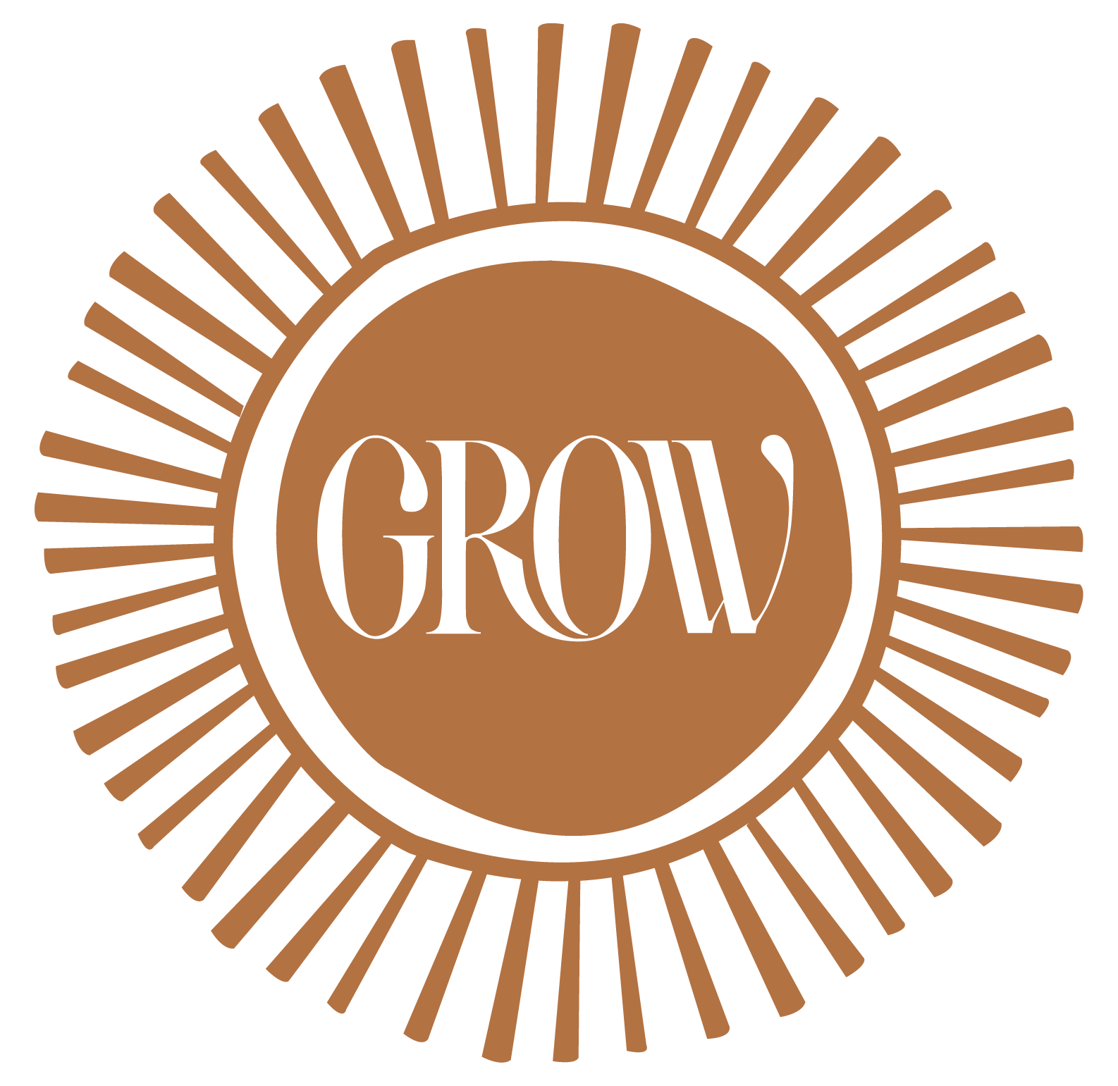 A circular logo with rays emanating outward, featuring the word 'GROW' in the center.