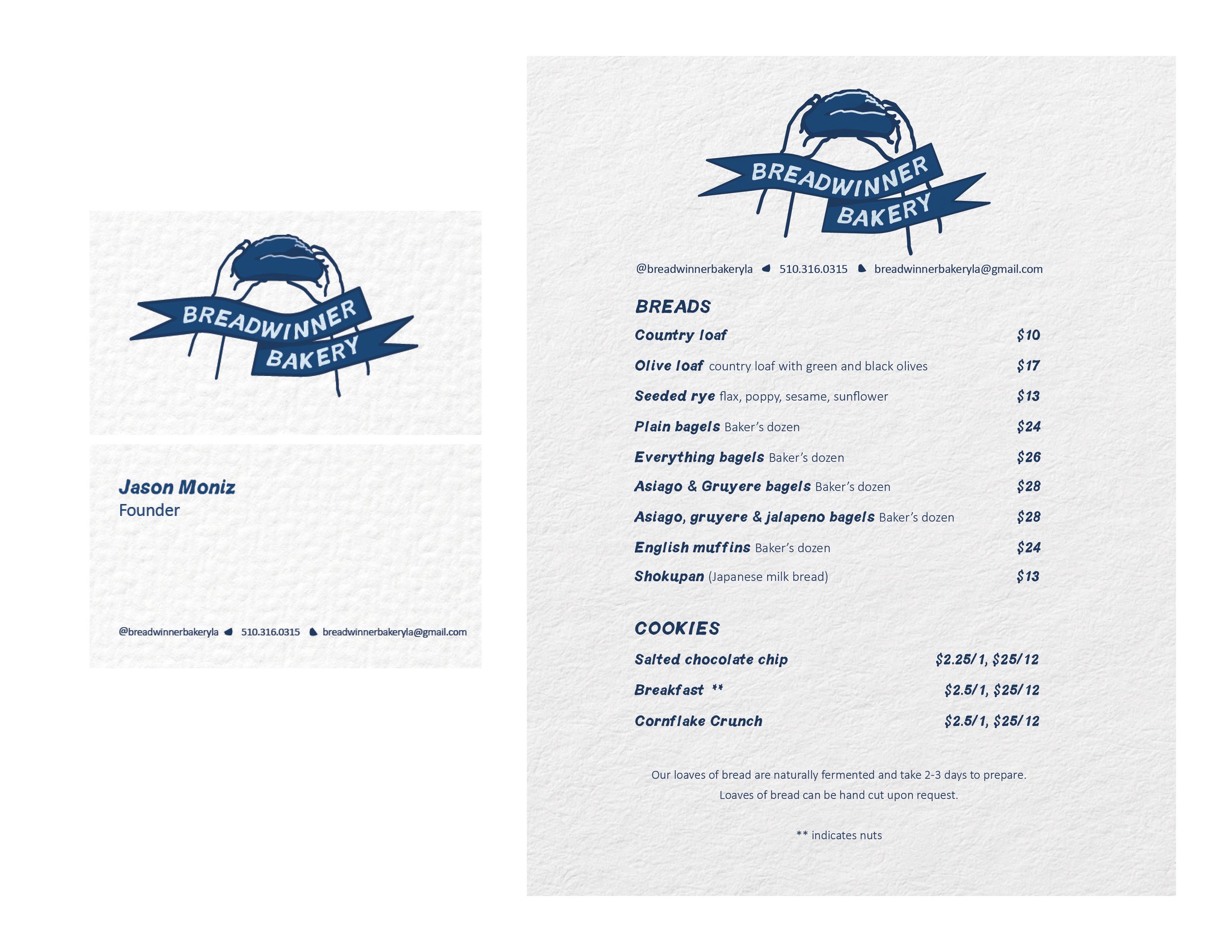 Menu and business card design for Breadwinner Bakery