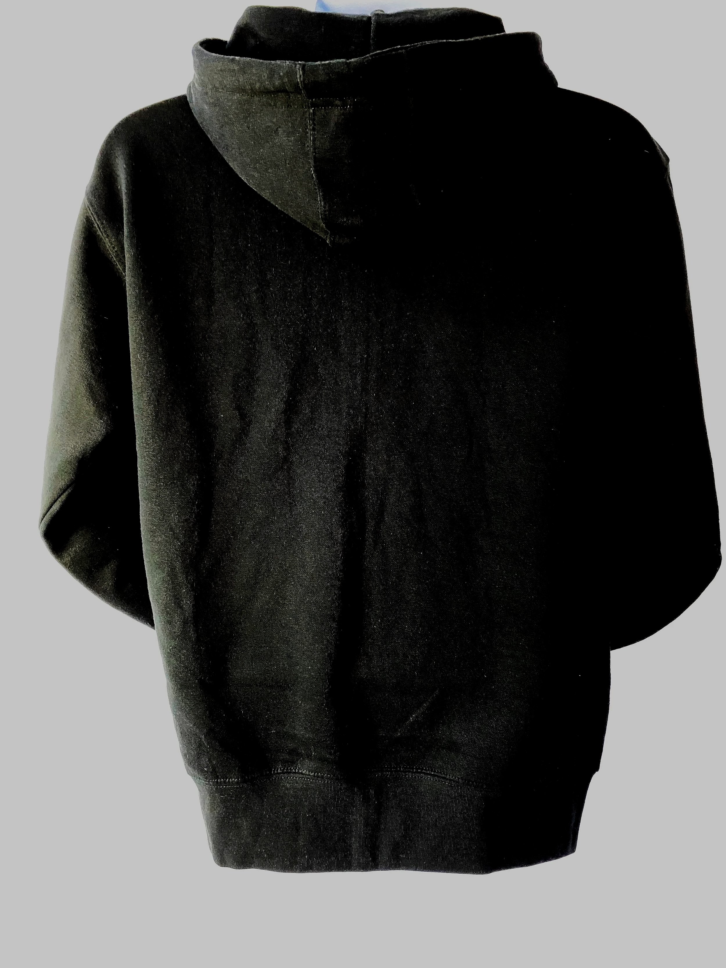 back of the restless breed zip up black hooded sweatshirt