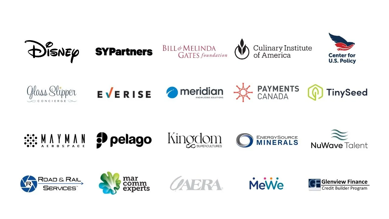 A collection of logos from various organizations and companies, including Disney, SY Partners, Bill and Melinda Gates Foundation, Culinary Institute of America, Center for U.S. Policy, Glass Slipper Concierge, Everise, Meridian, Payments Canada, TinySeed, Mayman Aerospace, Pelago, Kingdom Superclusters, EnergySource Minerals, NuWave Talent, Road & Rail Services, MarComm Experts, AERA, MeWe, and Glenview Finance Credit Builder Program.