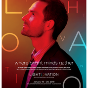 Promotional poster for an event called Light + Vision, with a man in profile, colorful background, and event details.