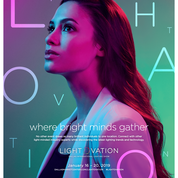 A woman with long dark hair looking upward against a violet and blue background with circular graphic elements and overlayed text