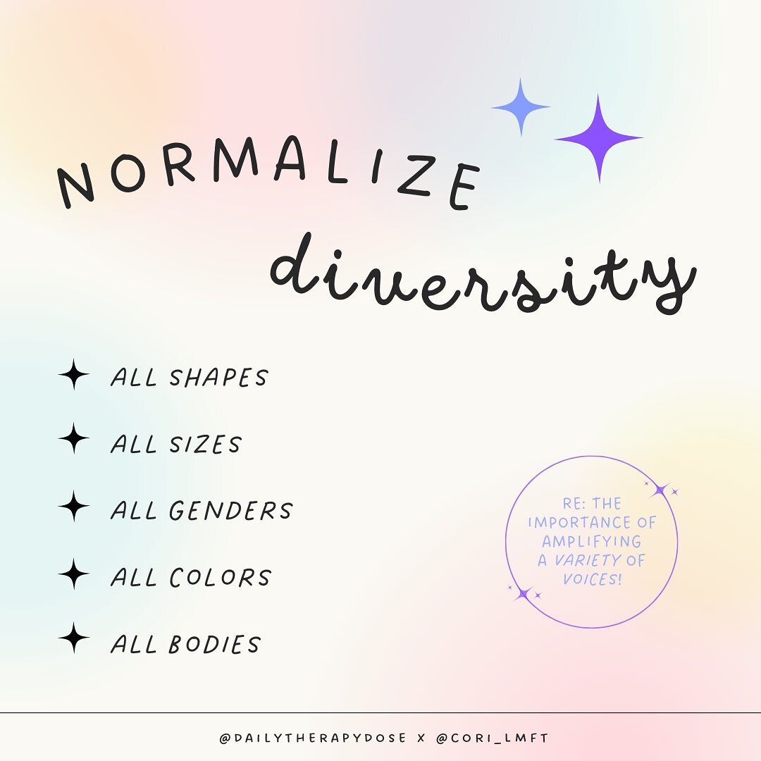 Normalizing diversity includes embracing all shapes, all sizes, all genders, all colors, and all bodies. Body diversity is the acceptance and the appreciation for all variations of the human body instead of glorifying one as &ldquo;superior&rdquo; to