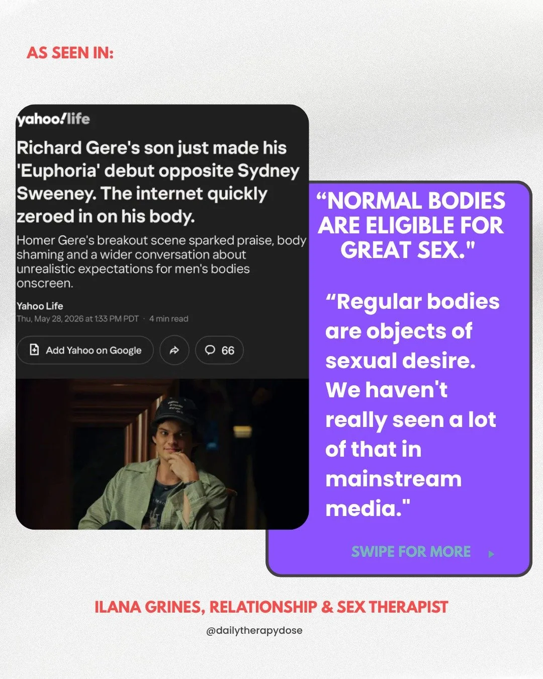 Quoted in @yahoolife today following a conversation about bodies, desirability, and what we've been missing on screen. 

Kerry (@kerryjustich ) wrote the piece, link in bio. 💜

Everyday bodies, unedited bodies, bodies that weren't designed in a gym 