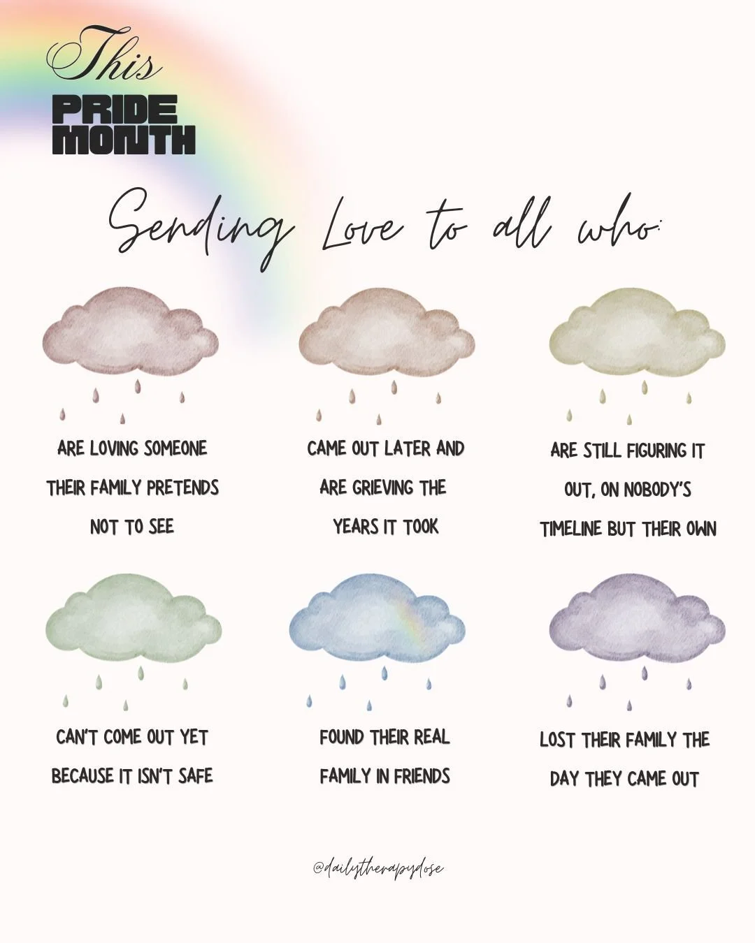 Some of you are still in the storm. The rainbow's for you too.
You don't have to be all the way out, all the way sure, or all the way okay to belong to this month.
Save it. Send it to someone weathering theirs.
#pride #lgbtq #therapist #mentalhealth 