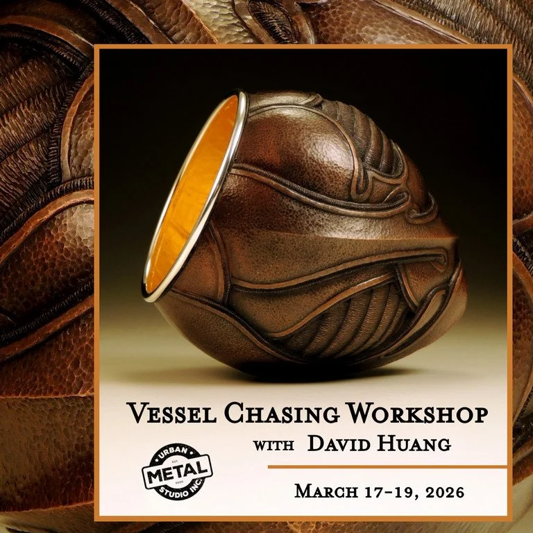 Chased copper vessel with glowing gold interior