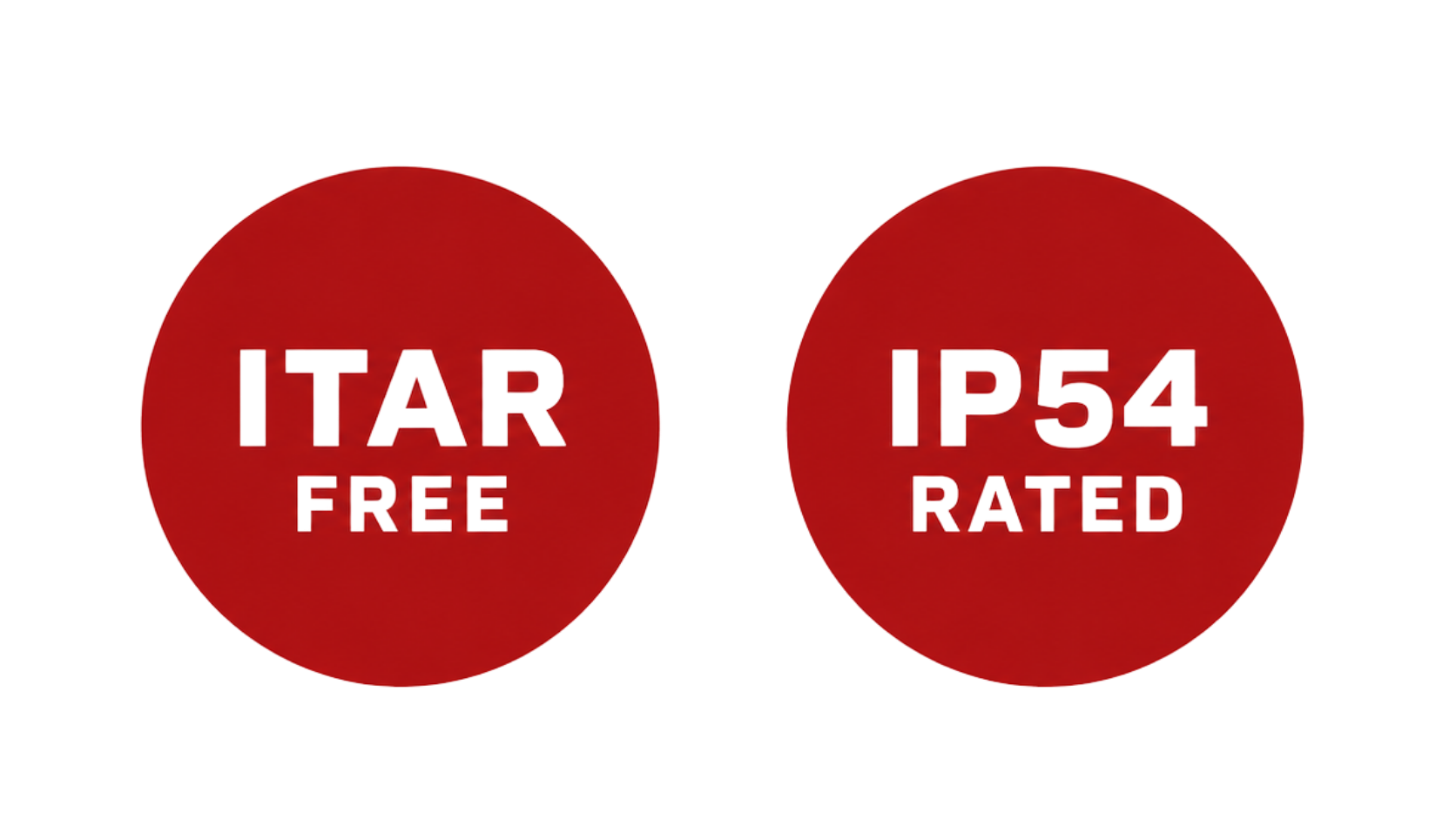 Red circles with white text reading "ITAR FREE" on the left and "IP54 RATED" on the right.
